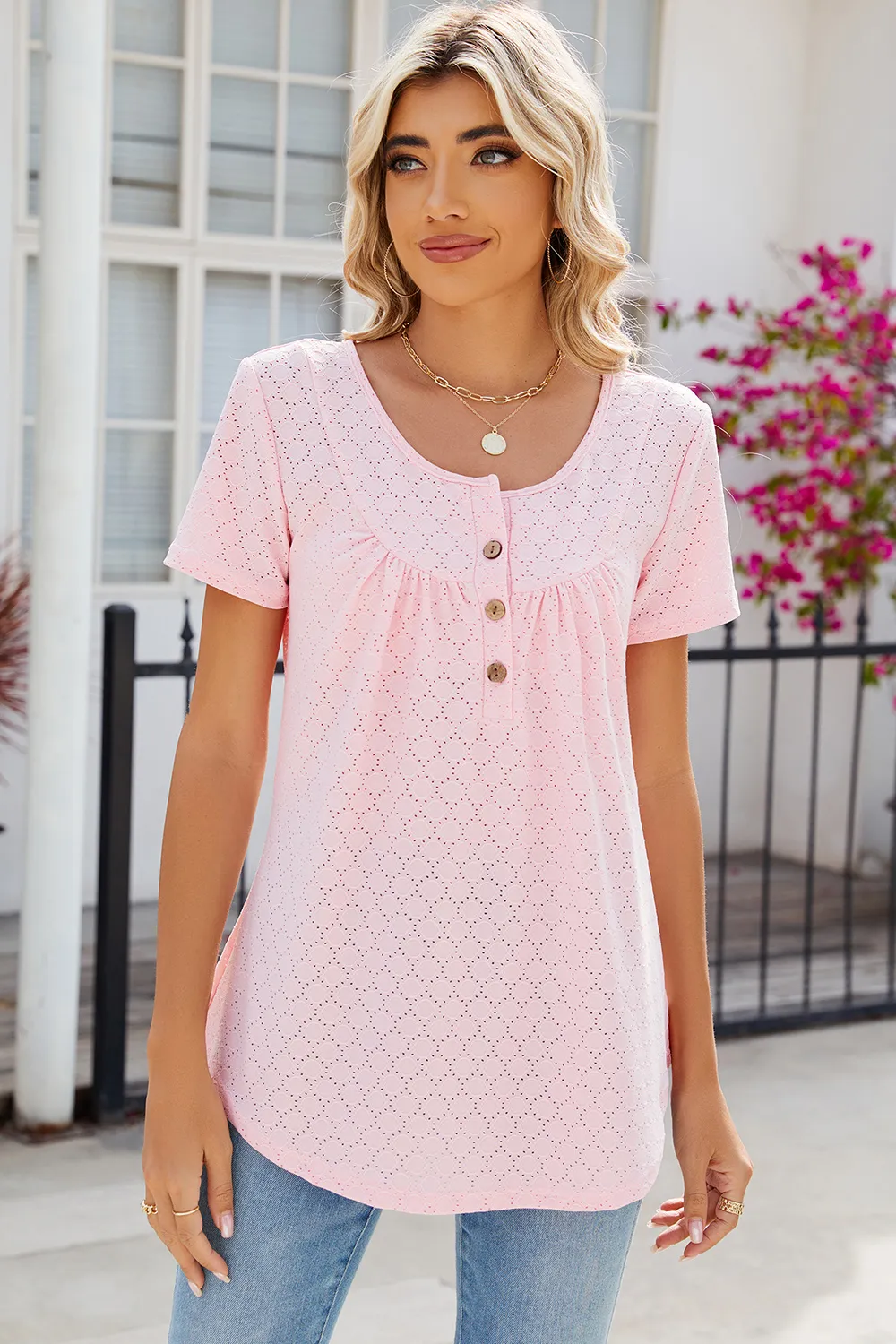 Eyelet Quarter Button Short Sleeve T-Shirt, image 10