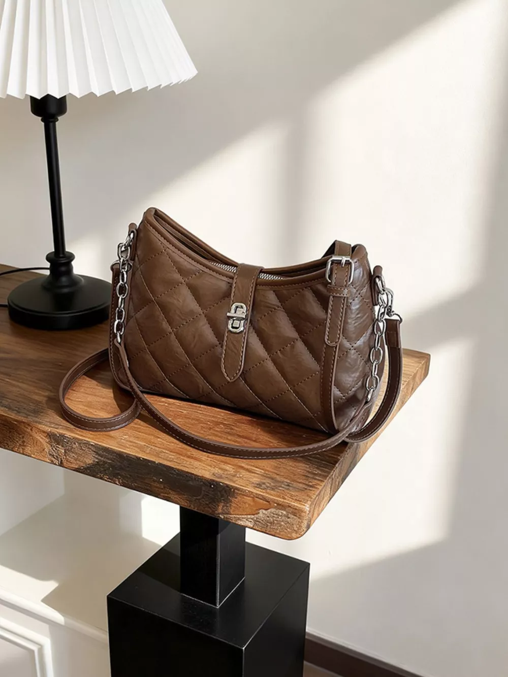 Lock Detail Quilted Shoulder Bag, image 3