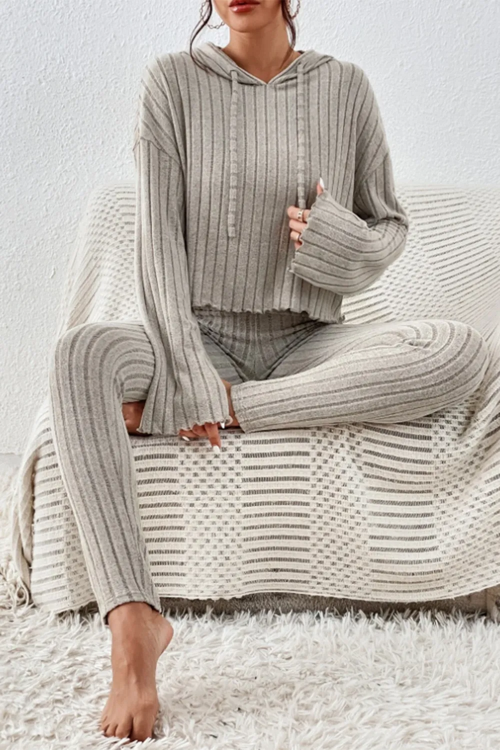 Lettuce Hem Dropped Shoulder Hooded Top and Pants Set, image 7