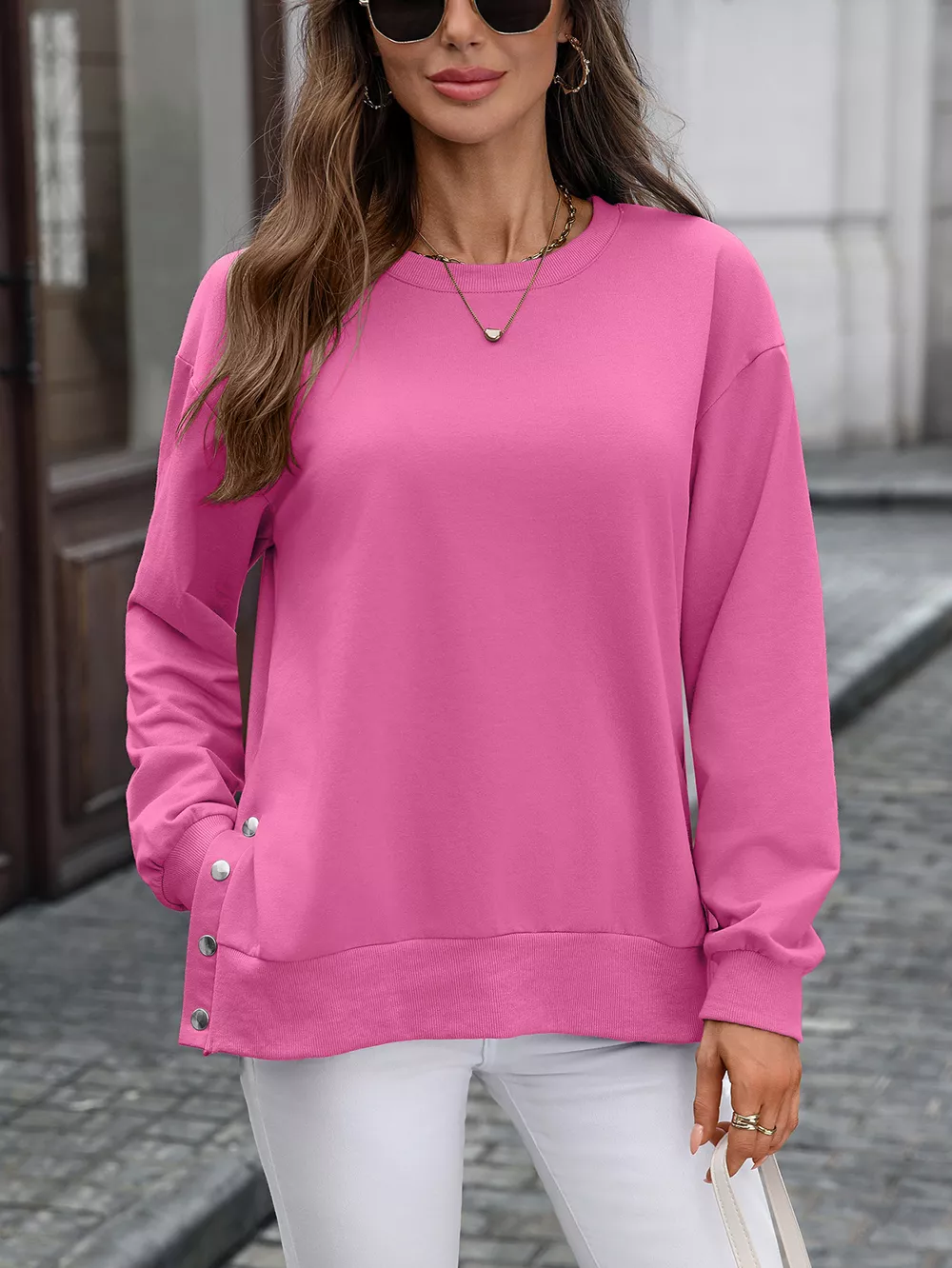 Side Snap Round Neck Sweatshirt, image 9
