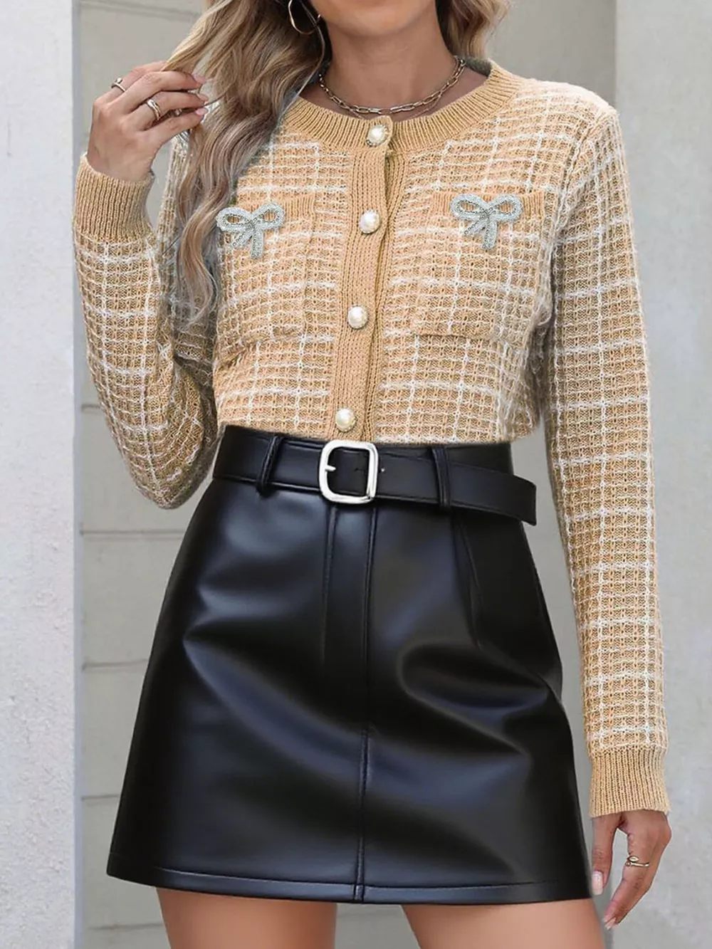 Tweed-Style Bow Button-Down Cardigan, image 12