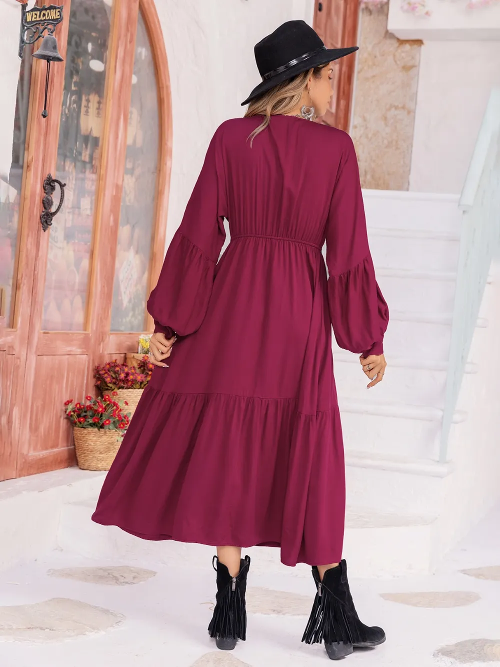V-Neck Lantern Sleeve Ruffle Hem Dress, image 2