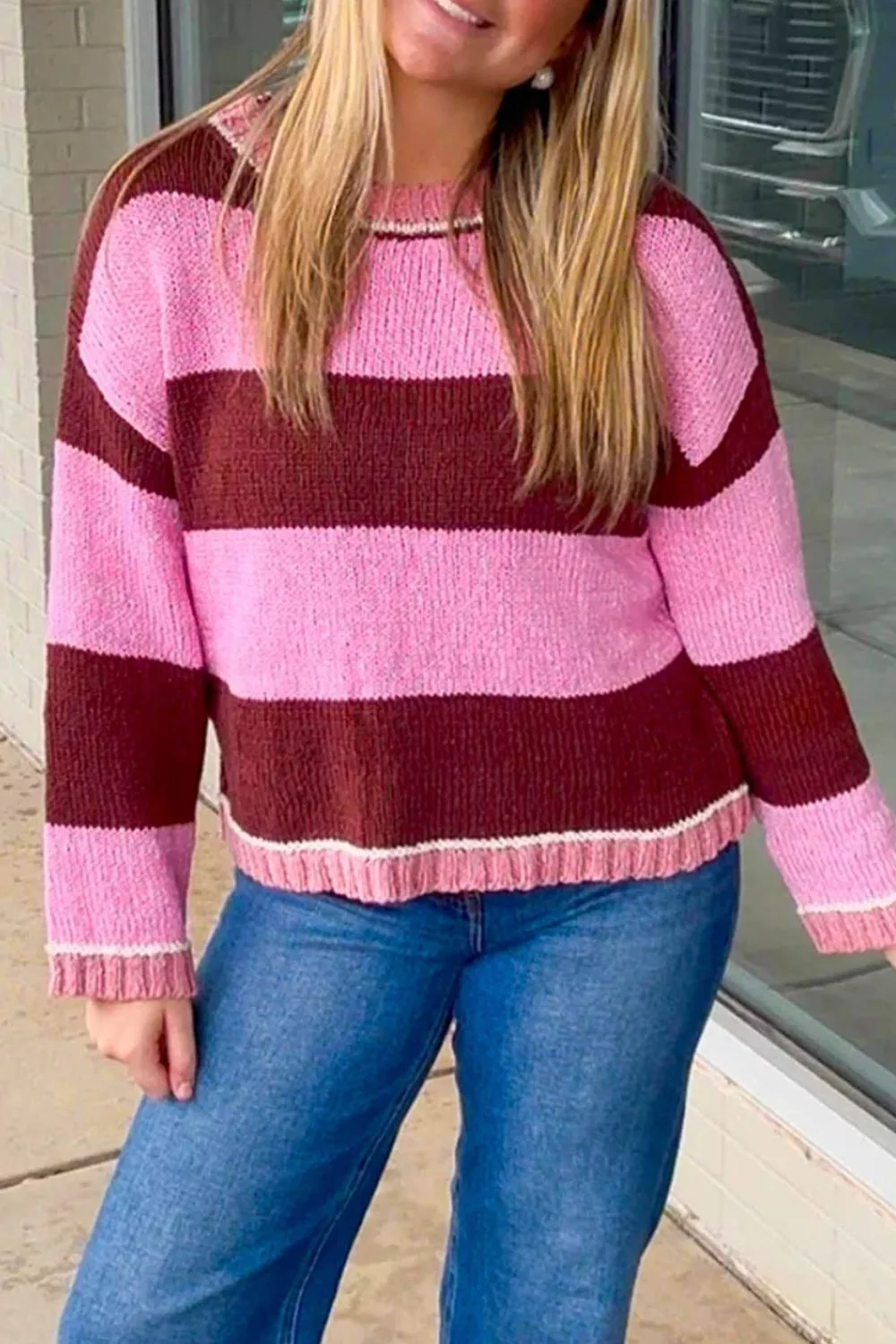 Striped Drop Shoulder Long Sleeve Pullover Regular Fit Knit Sweater, image 5