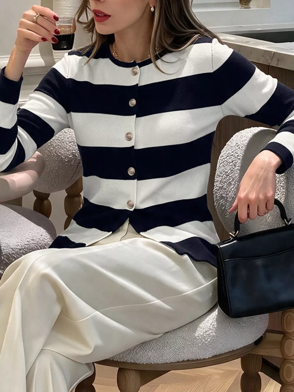 Striped Button-Down Knit Cardigan, image 4