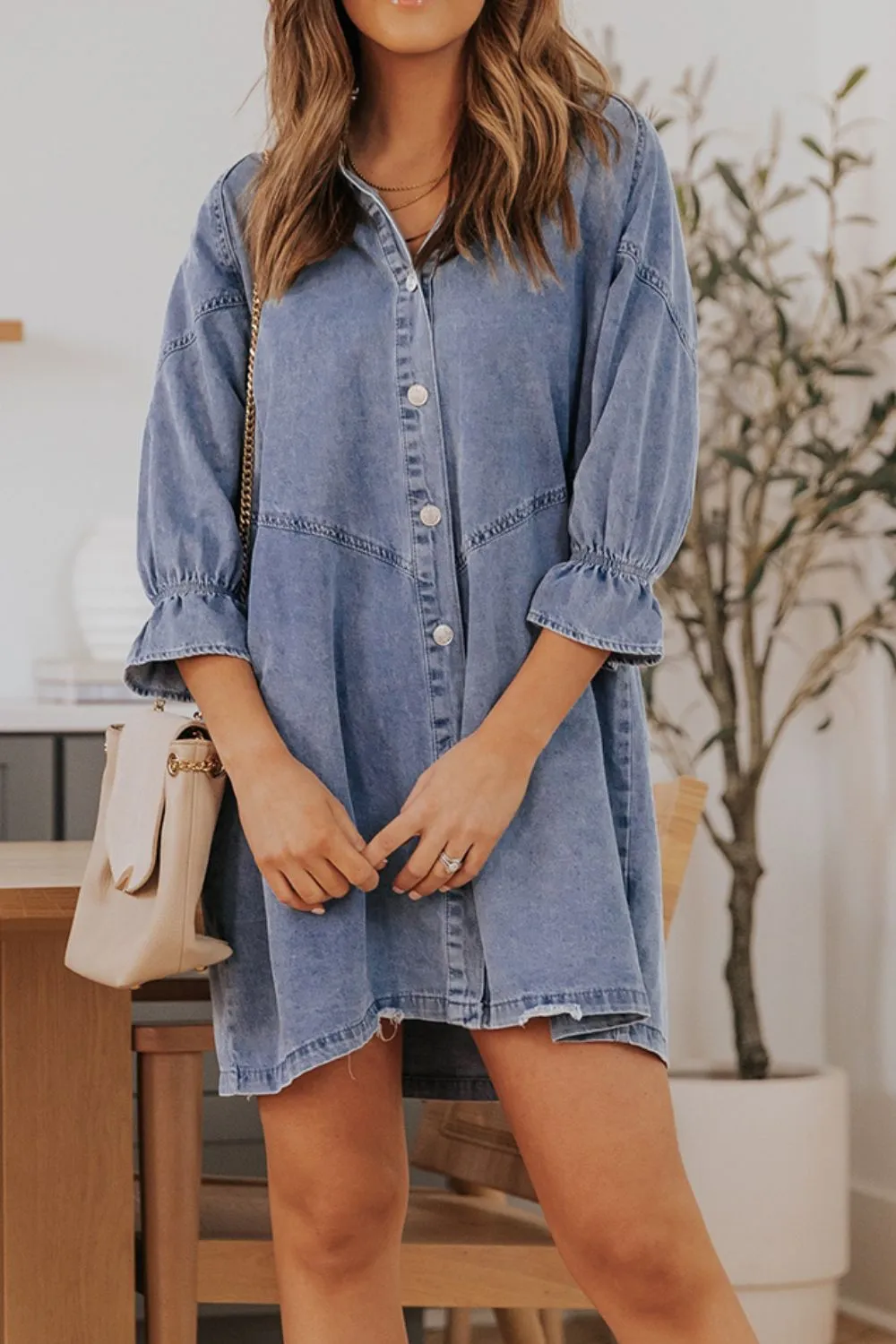 Distressed Collared Neck Flounce Sleeve Denim Dress, image 5