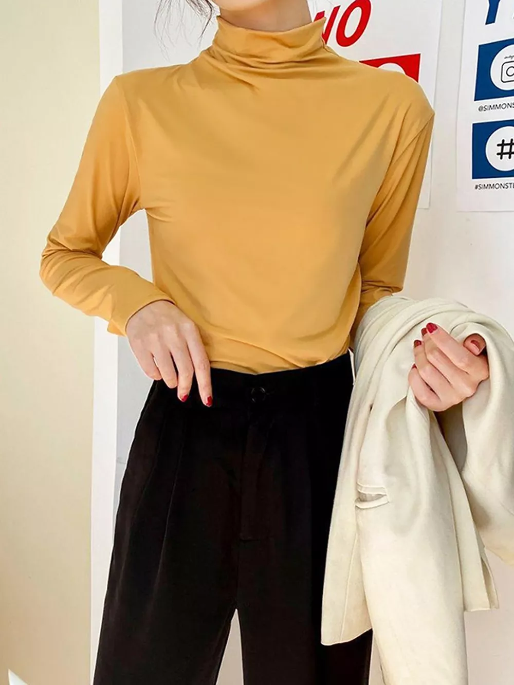 Solid Color Turtleneck Long Sleeve T-Shirt, image 3