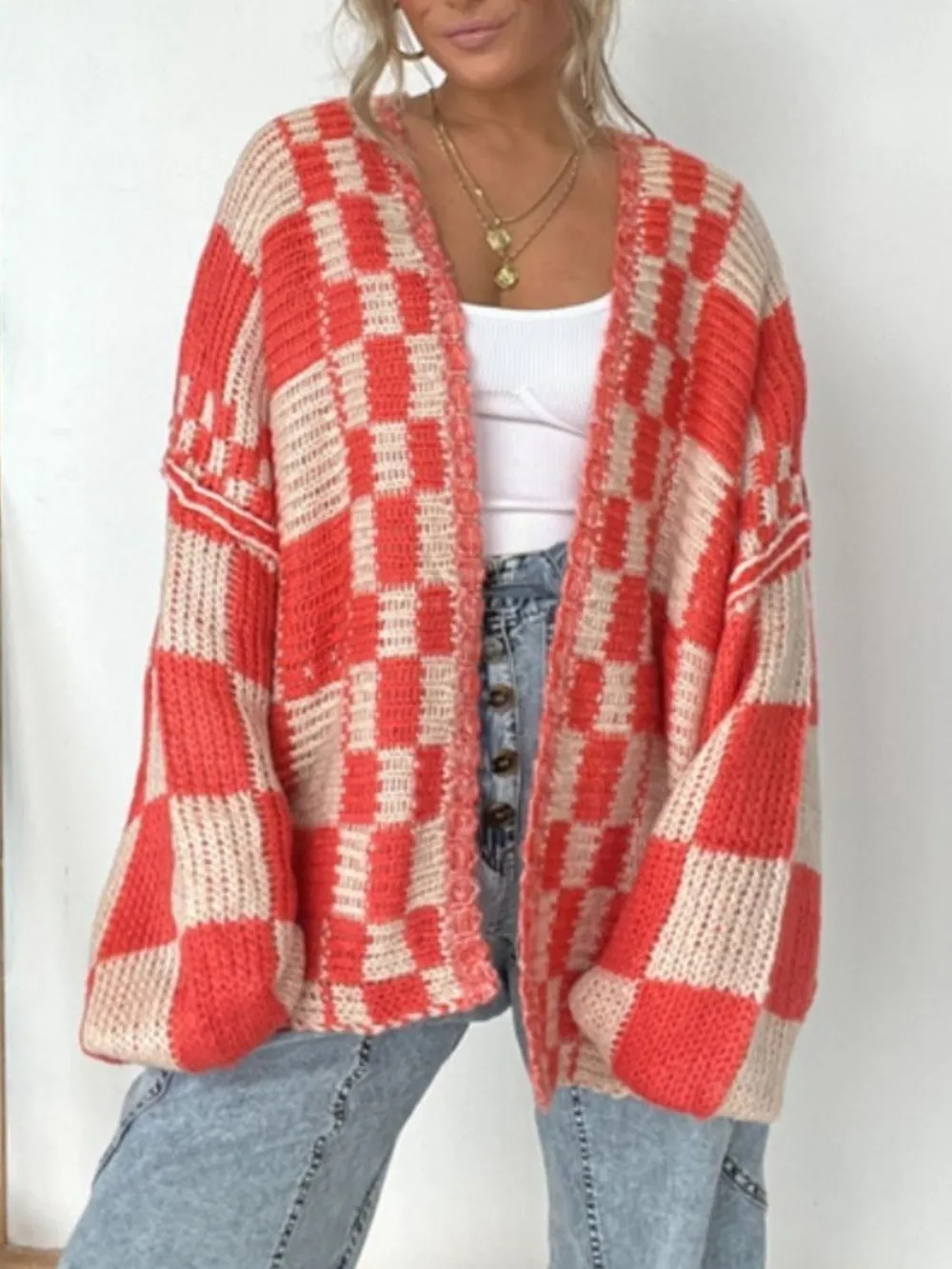 Plaid Open Front Long Sleeve Cardigan, image 6