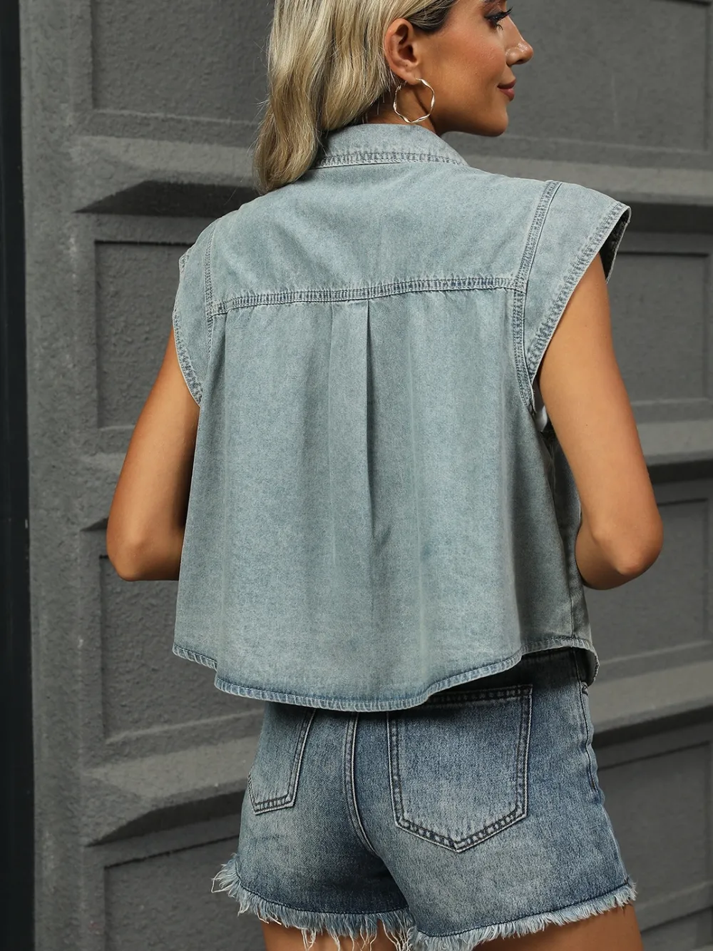 Button Up Cap Sleeve Denim Jacket, image 6