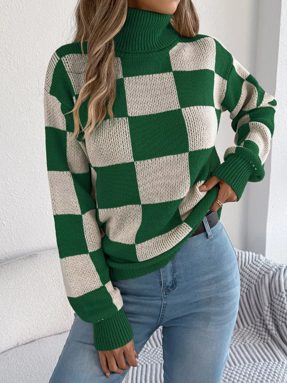 Checkered Turtleneck Long Sleeve Sweater, image 2