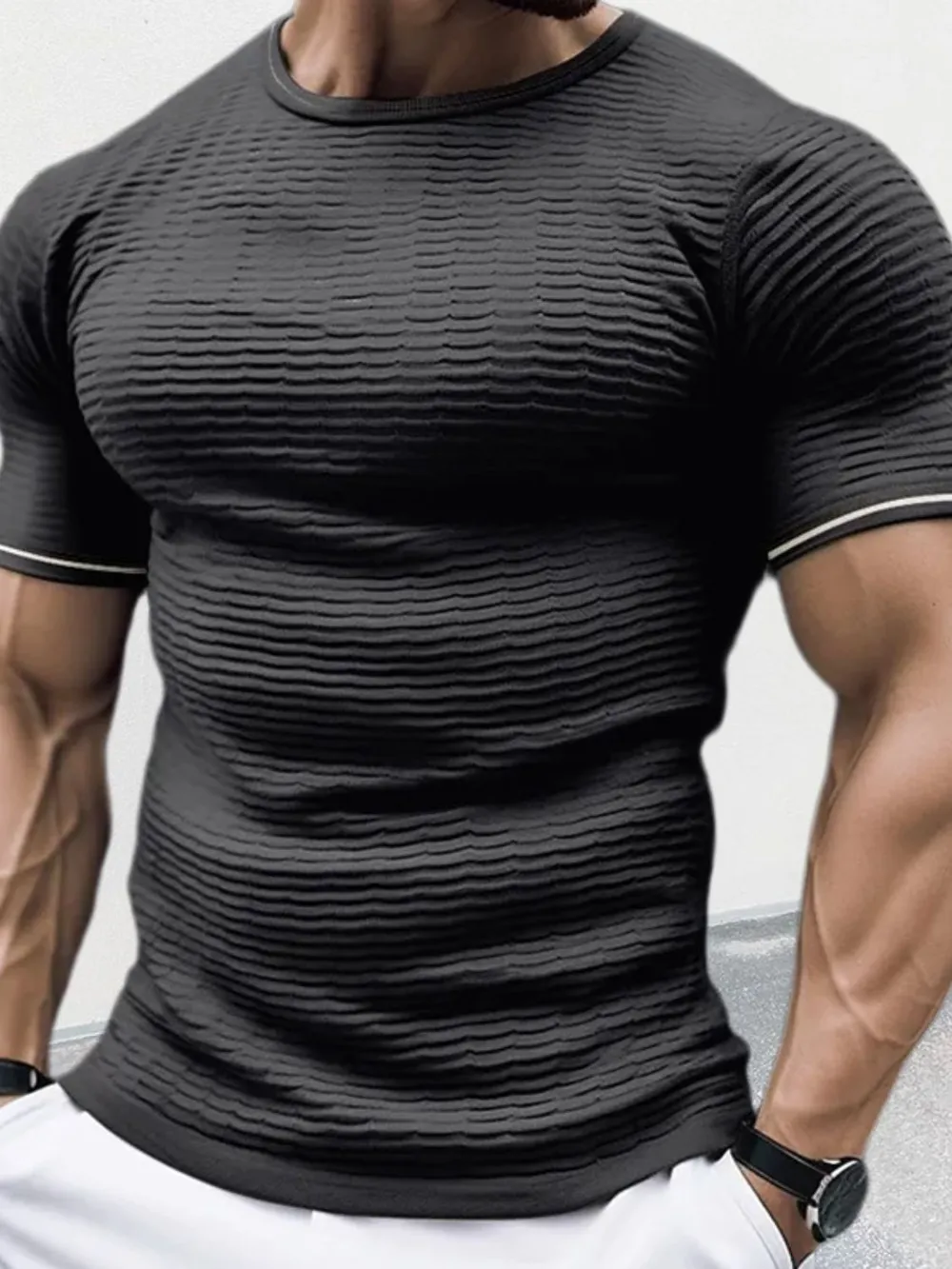 Men's Plus Size Texture Round Neck Contrast Trim T-Shirt, image 8