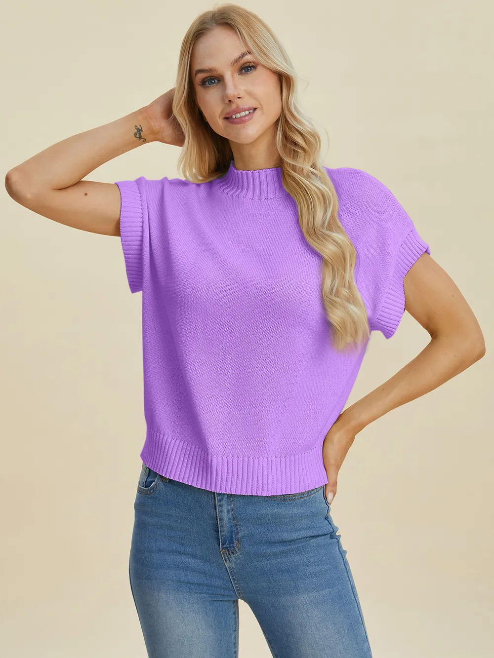 Full Size Mock Neck Short Sleeve Sweater, image 17