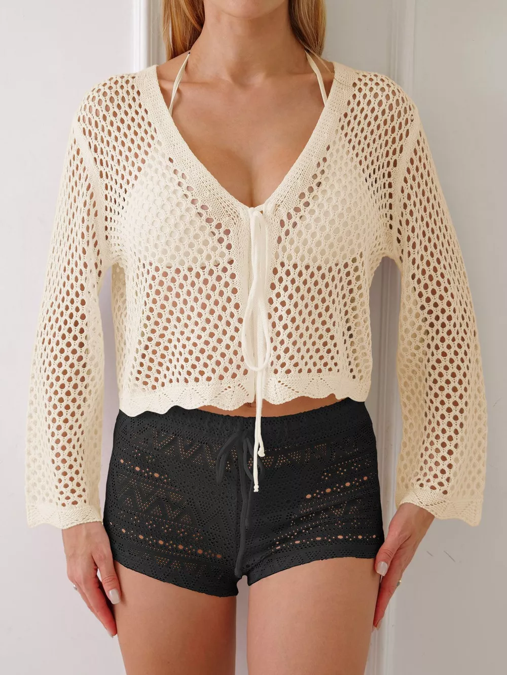 Crochet Tie-Front Knit Cover Up, image 3