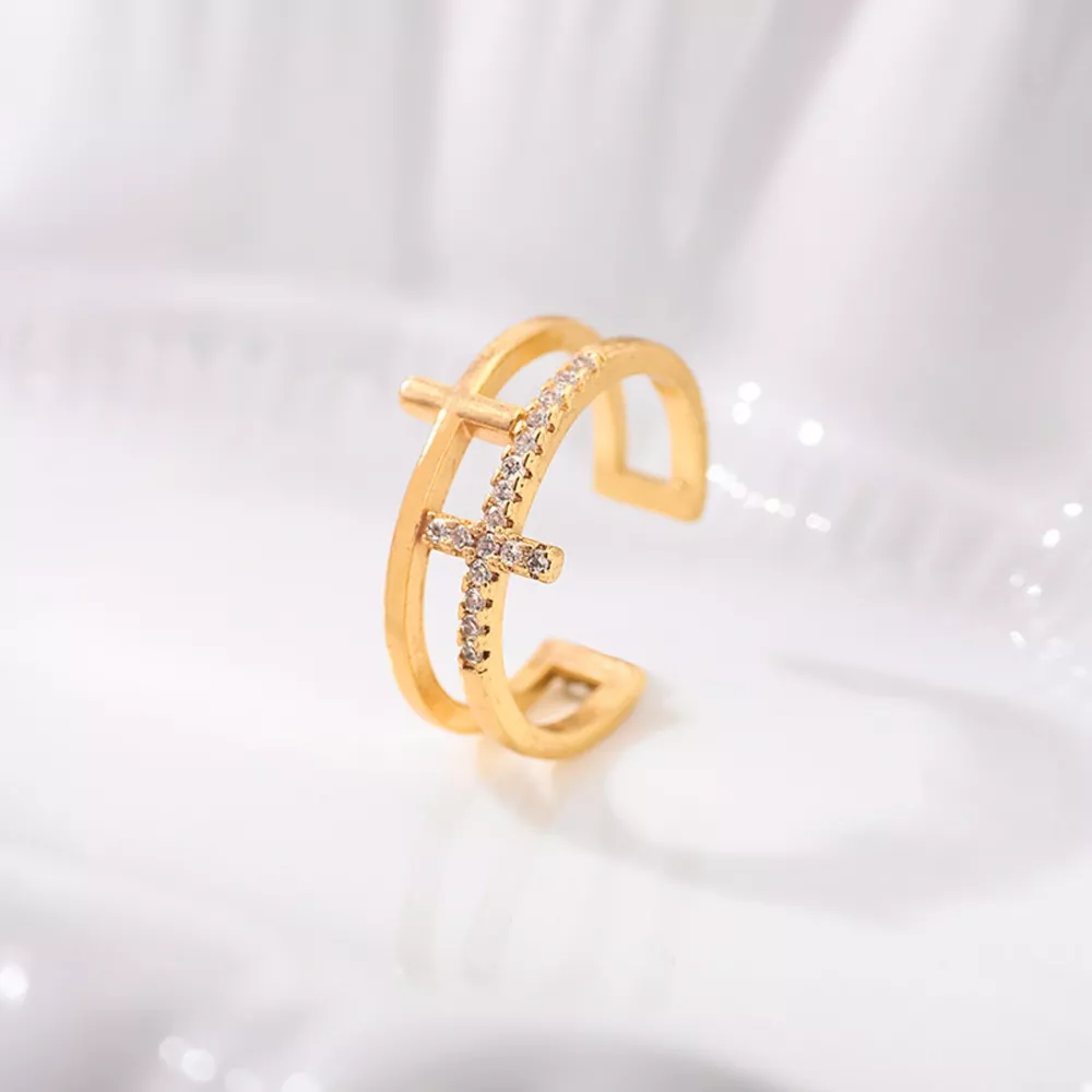 18K Gold-Plated Rhinestone Cross Open Ring, image 4