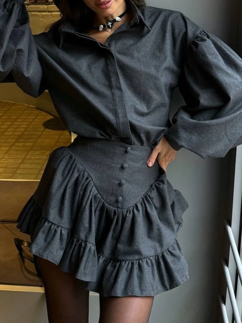 Lantern Sleeve Shirt and Ruffled Skirt Set