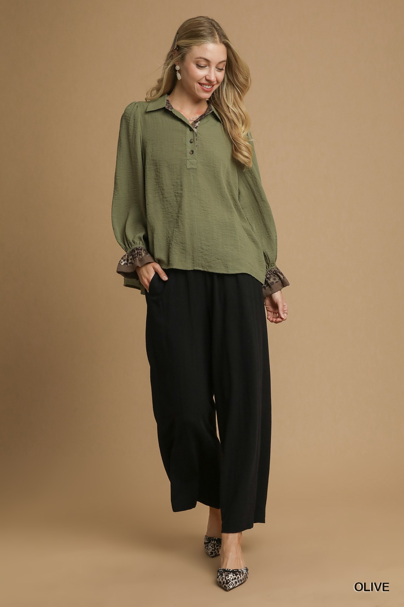 Half Button Blouse with Leopard Print Trim, image 4
