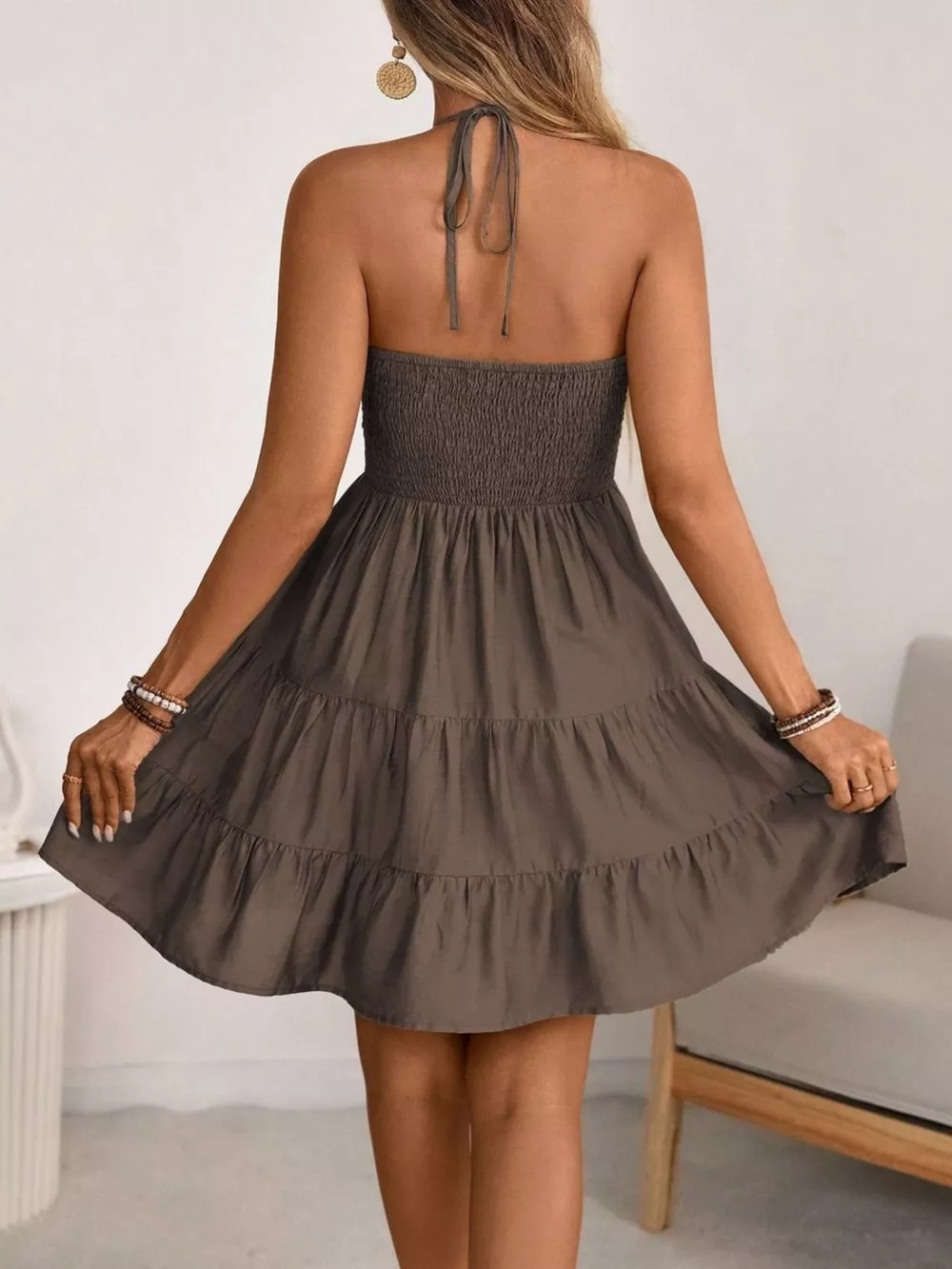 Smocked Halter Neck Tiered Dress, image 7