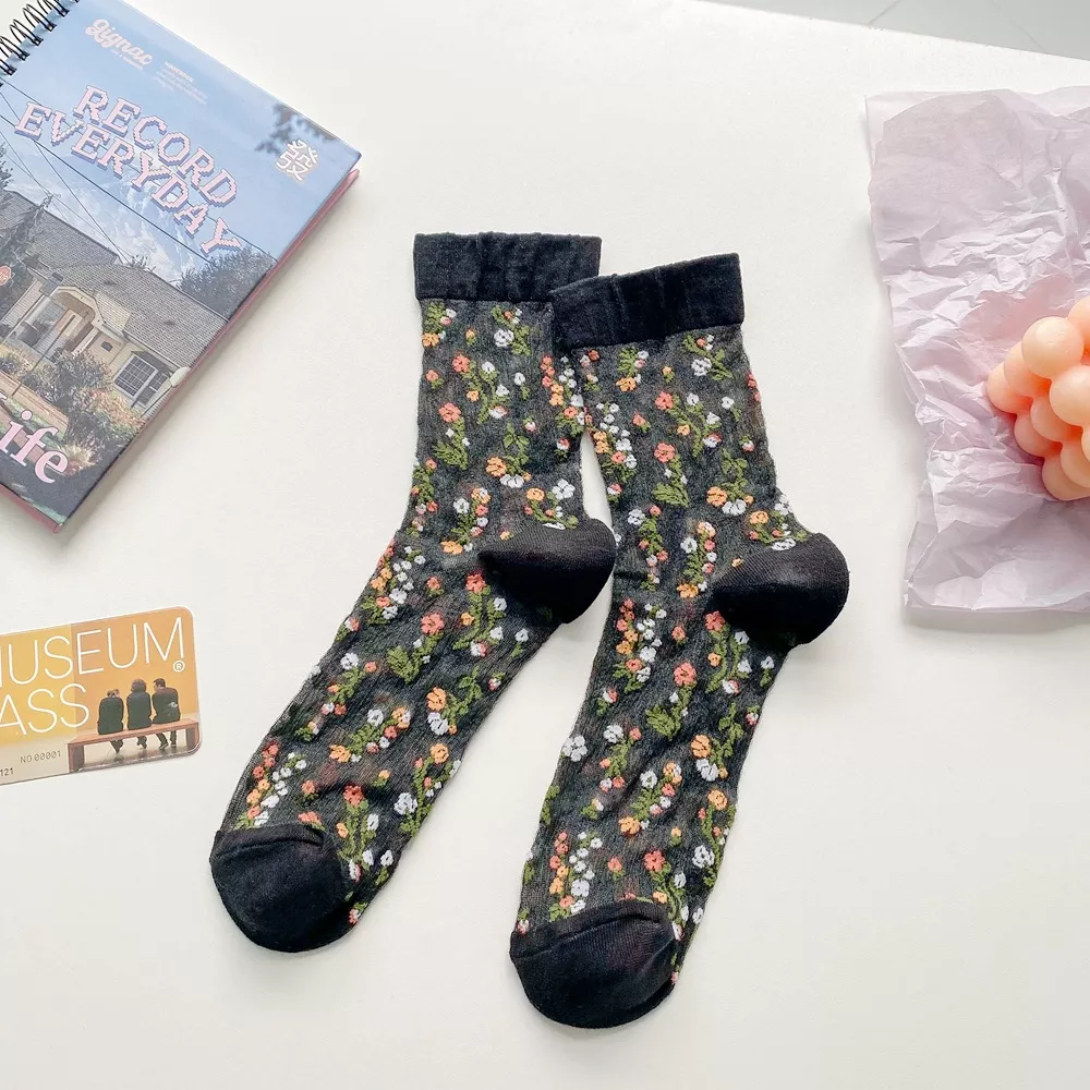 Floral Sheer Crew Socks 5 Pair Set, image 11