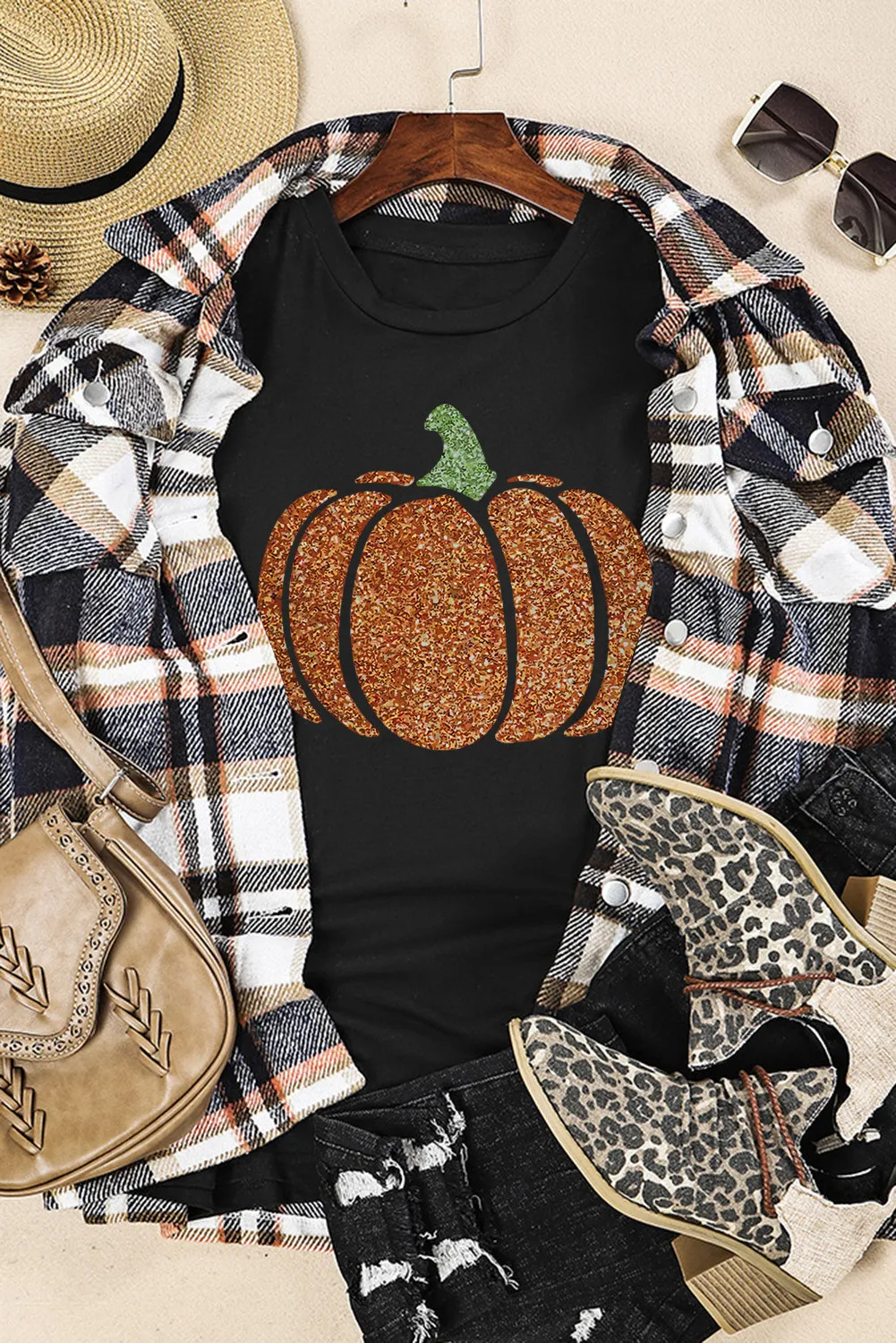 Glitter Pumpkin Round Neck Short Sleeve T-Shirt, image 2