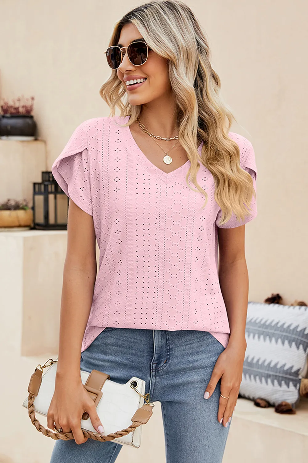 Eyelet V-Neck Petal Sleeve T-Shirt, image 4