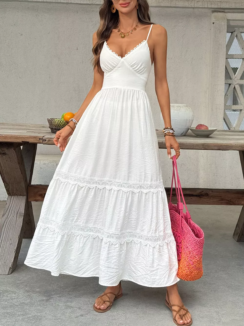 Lace Detail V-Neck Tiered Maxi Dress, image 2