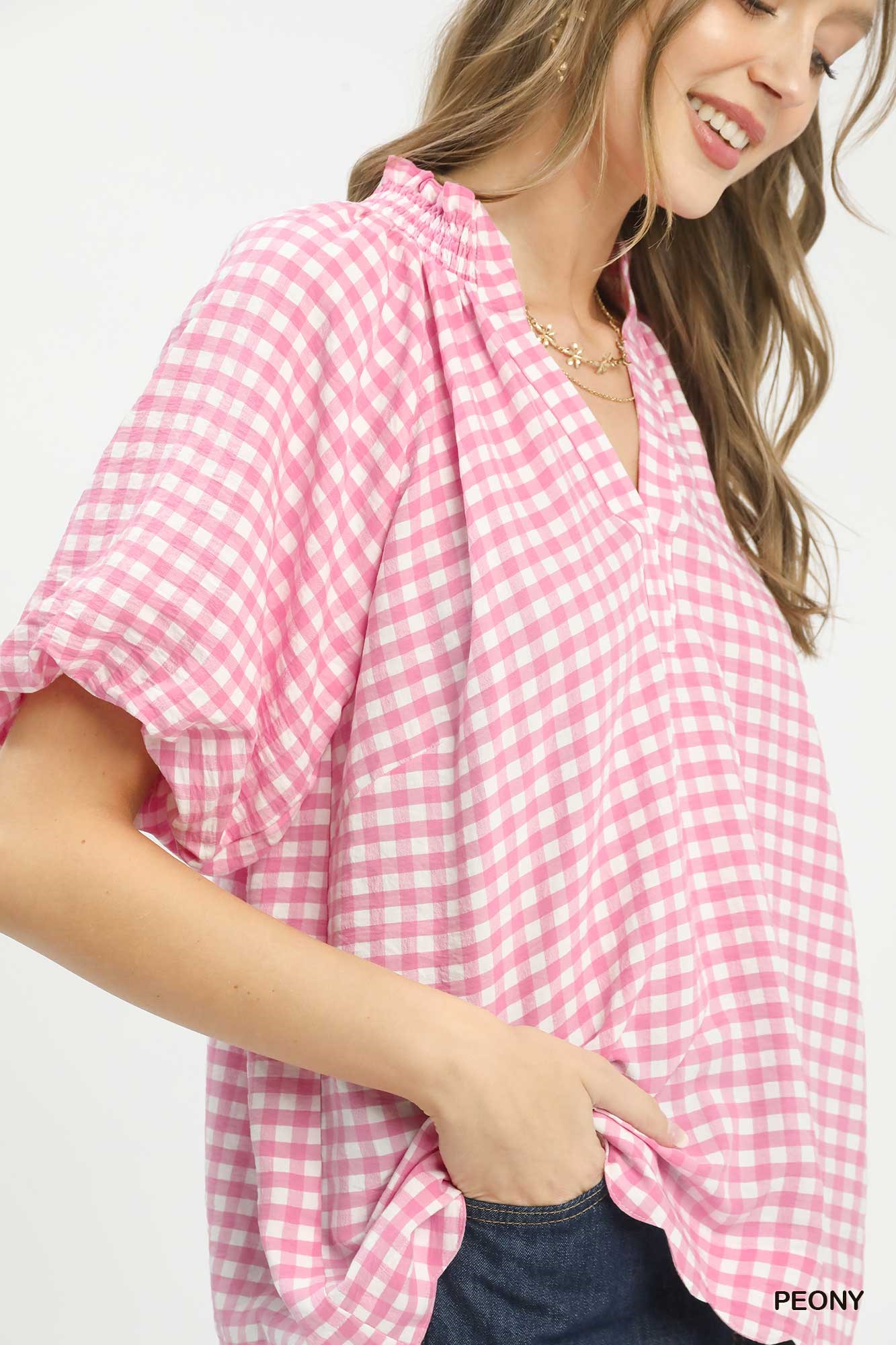 Gingham Bubble Sleeve Blouse with Scallop Hem, image 3