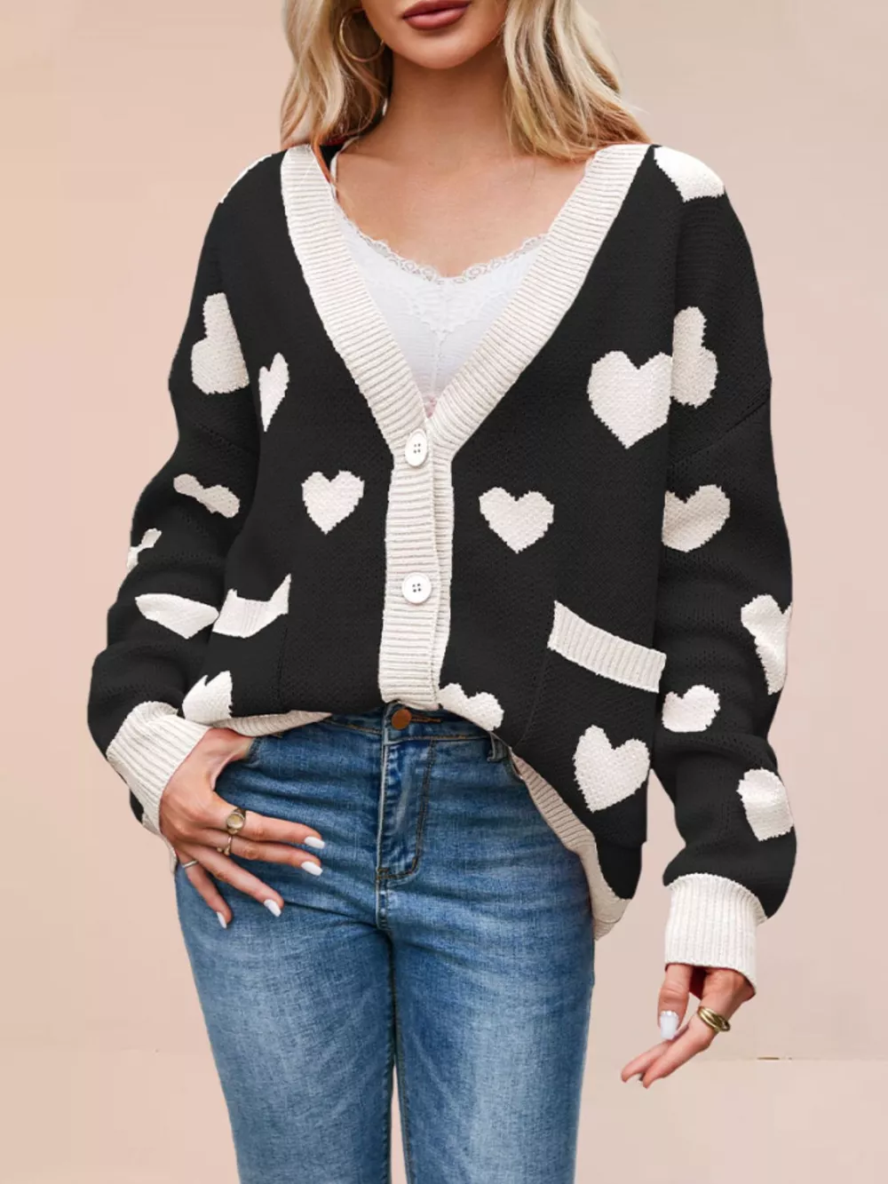 Heart Pattern V-Neck Button-Down Knit Cardigan, image 9
