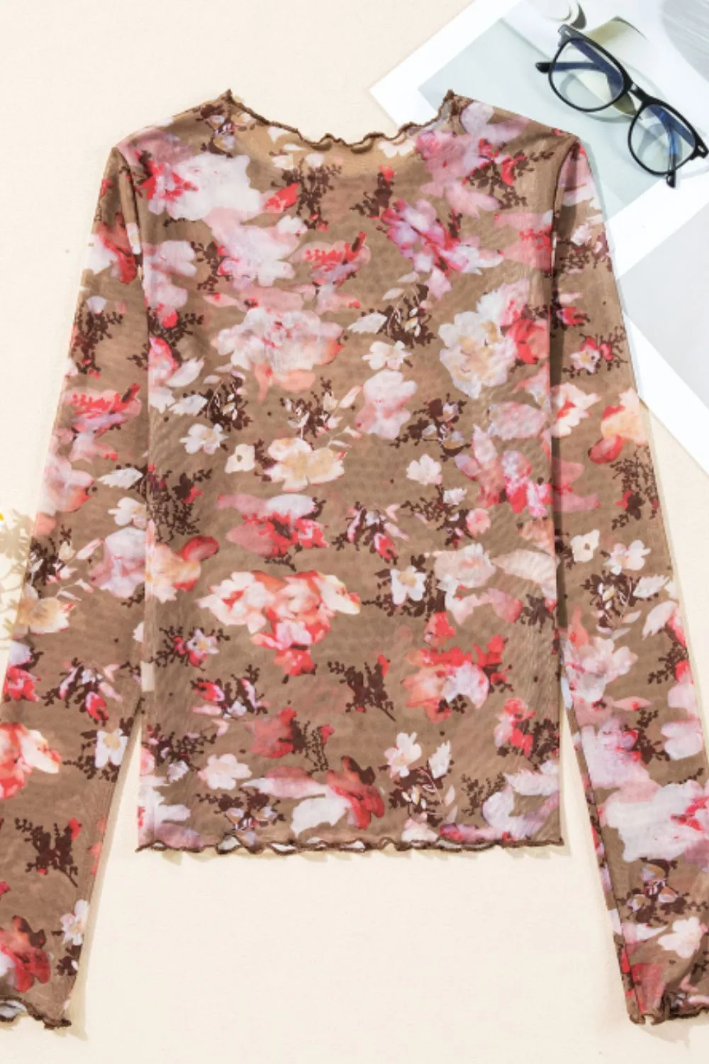 Floral Mock Neck Long Sleeve Sheer Top, image 6