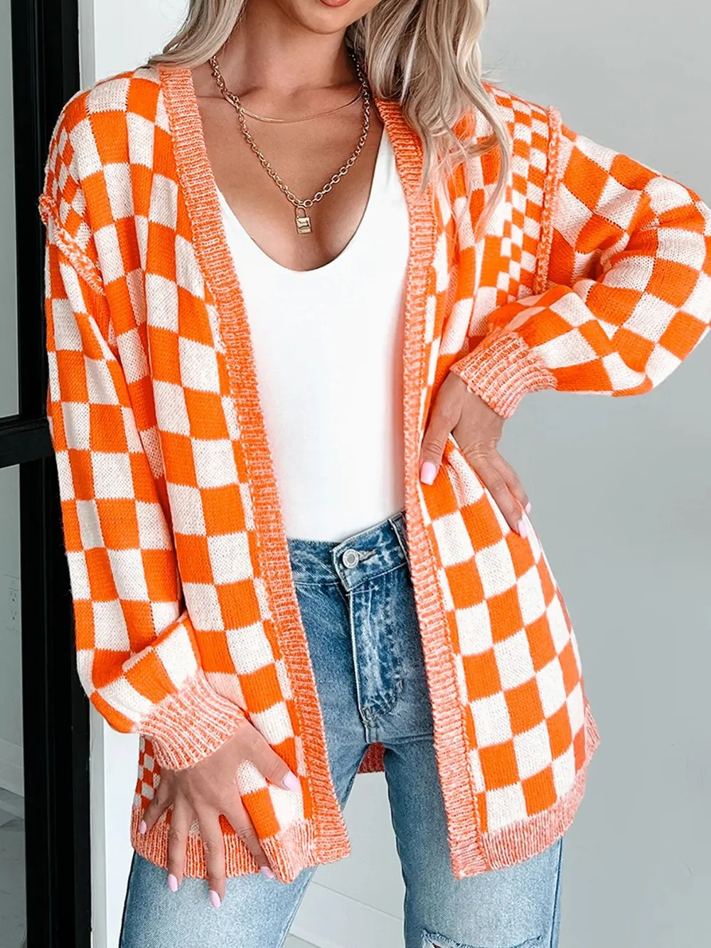 Checkered Pattern Open Front Cardigan, image 4