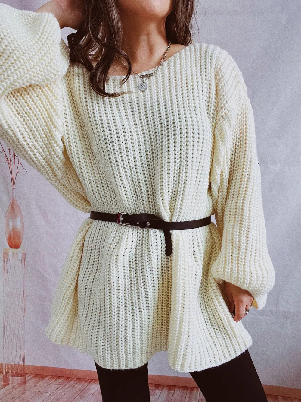 Boat Neck Long Sleeve Sweater with Belt, image 8