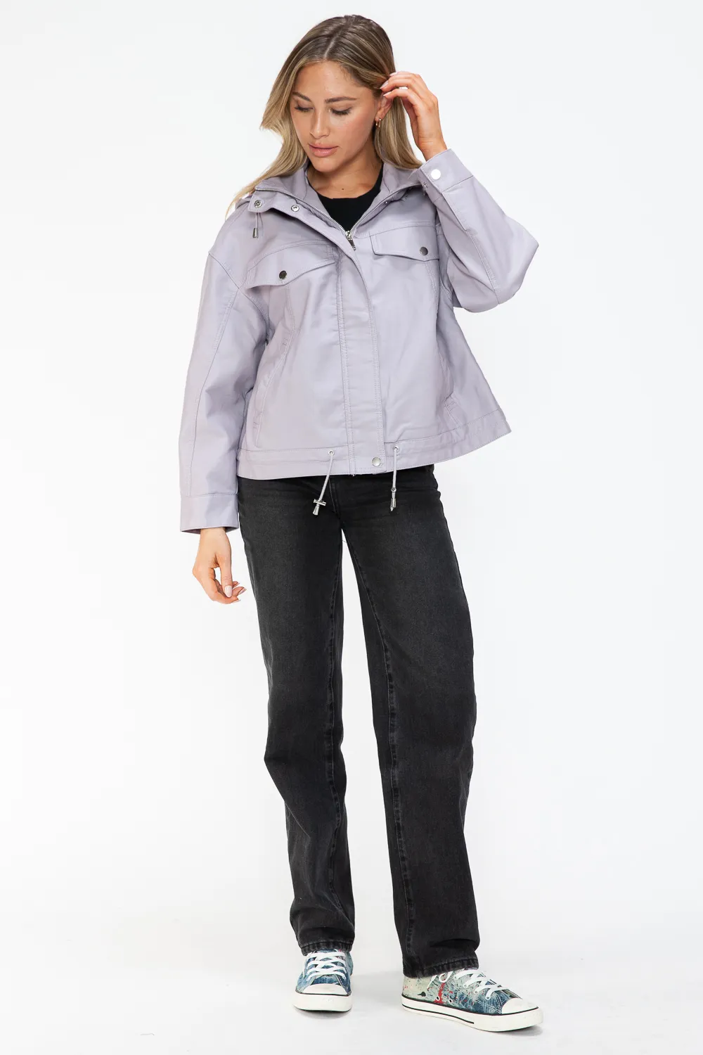 Drawstring Hem PU Leather Zip Up Jacket, image 20