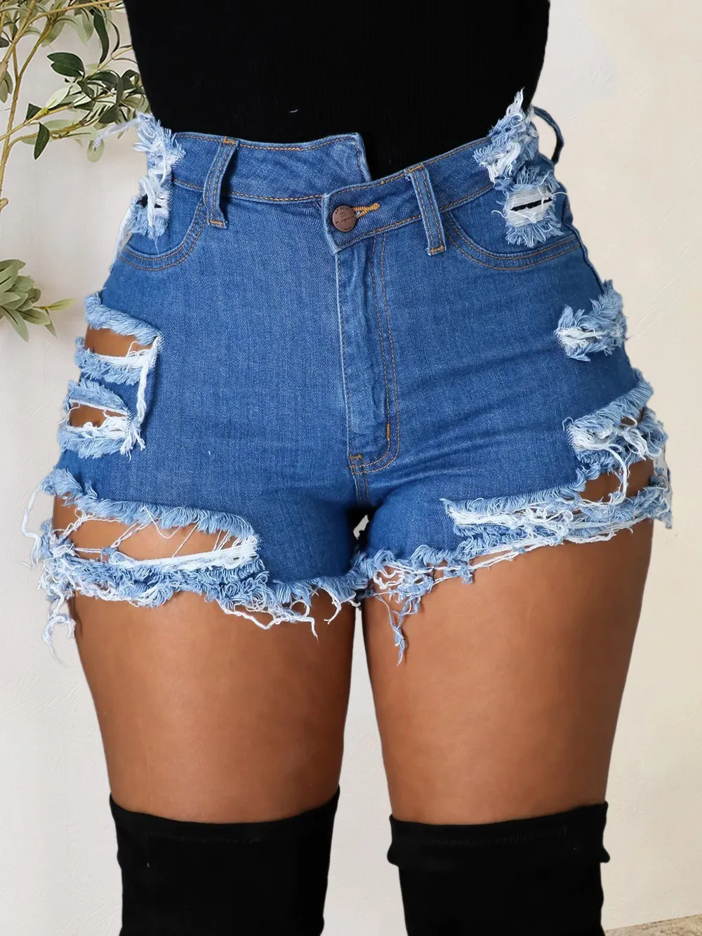 Distressed Raw Hem Denim Shorts with Pockets, image 2