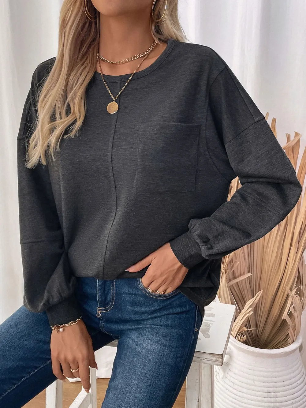 Pocketed Round Neck Long Sleeve Sweatshirt, image 5