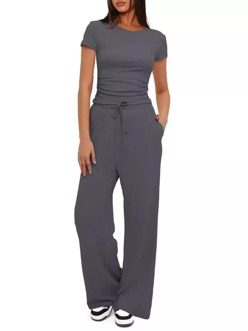 Round Neck Short Sleeve Top and Pants Set, image 3