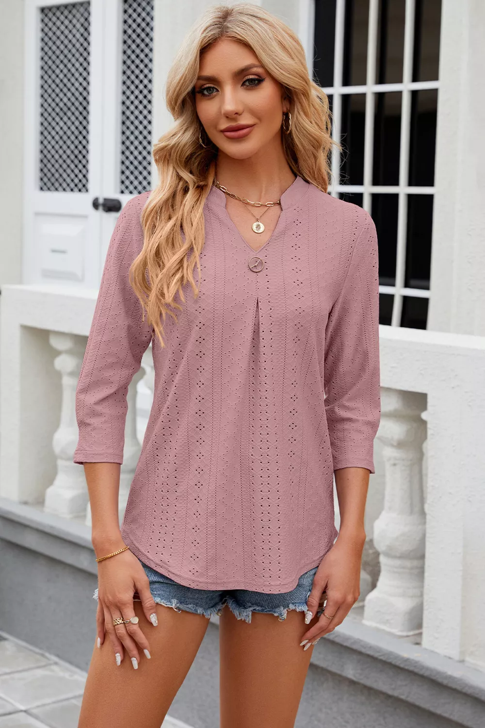 Eyelet Notched Knit Jacquard Top, image 29