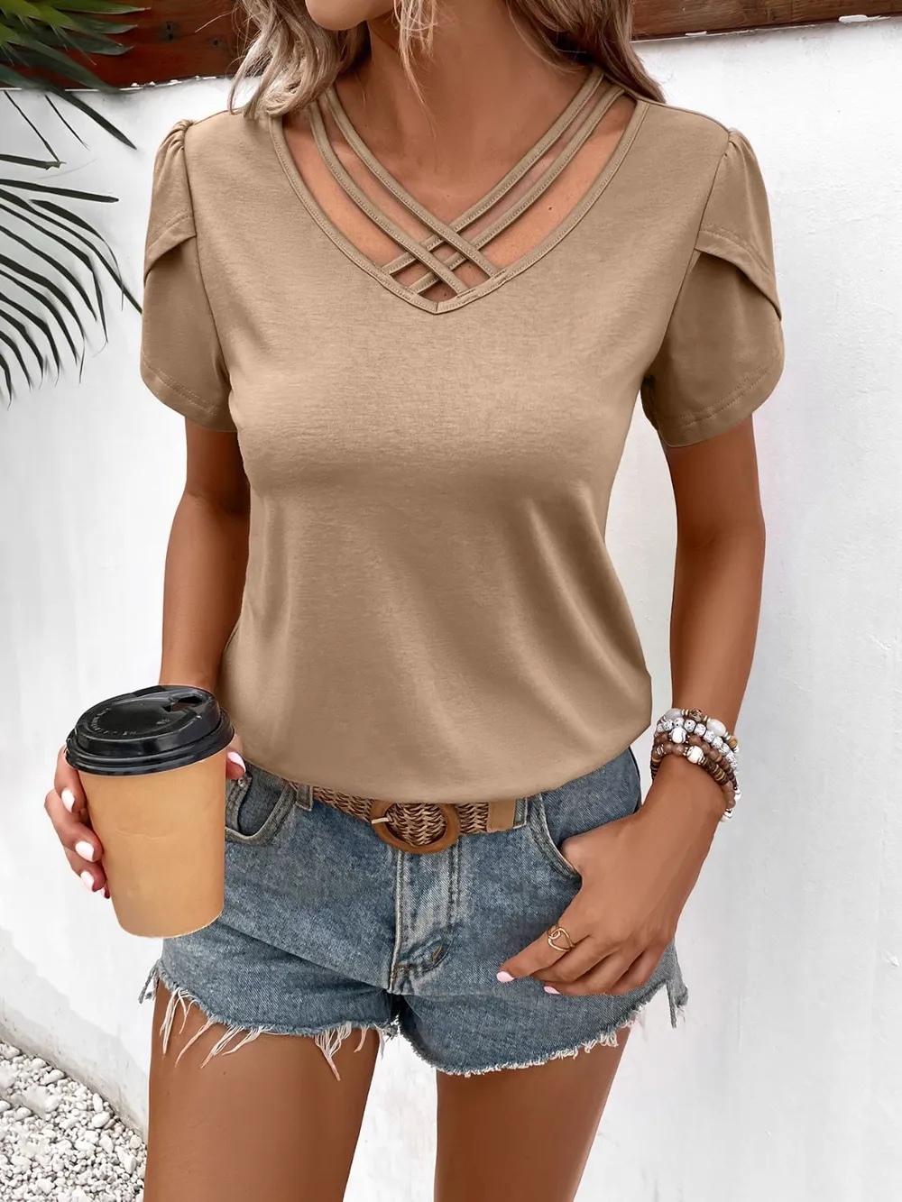 Strappy V-Neck Petal Sleeve Top, image 9