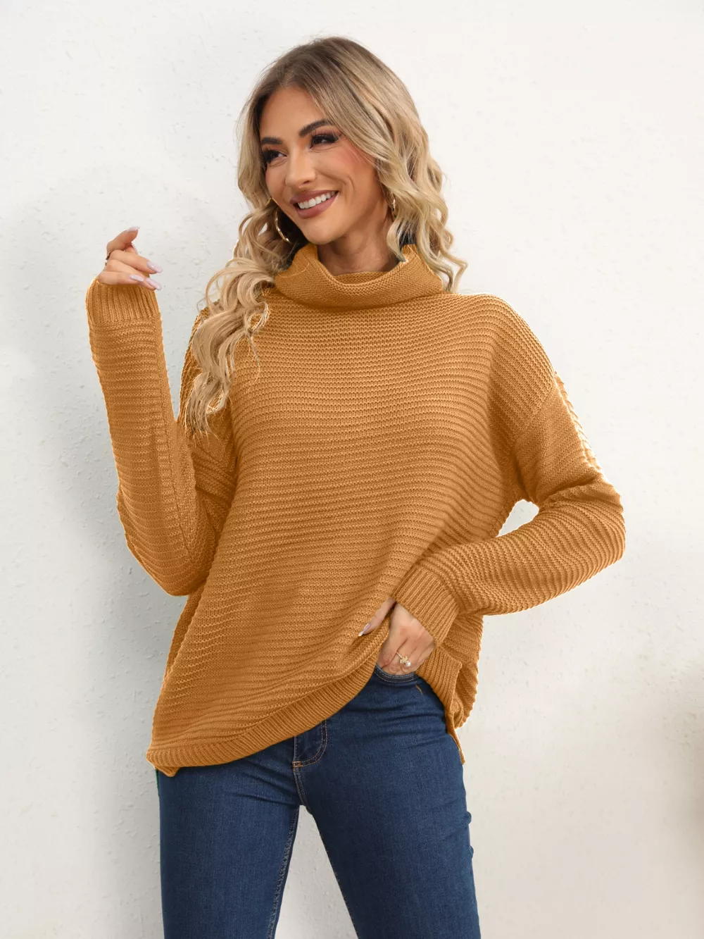 Slit Turtleneck Dropped Shoulder Sweater, image 14