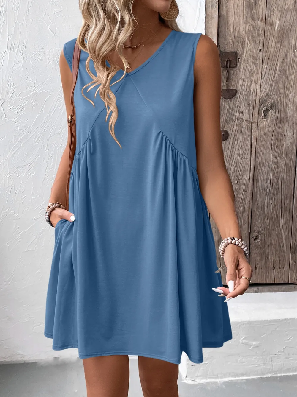 Ruched V-Neck Sleeveless Mini Dress, image 24