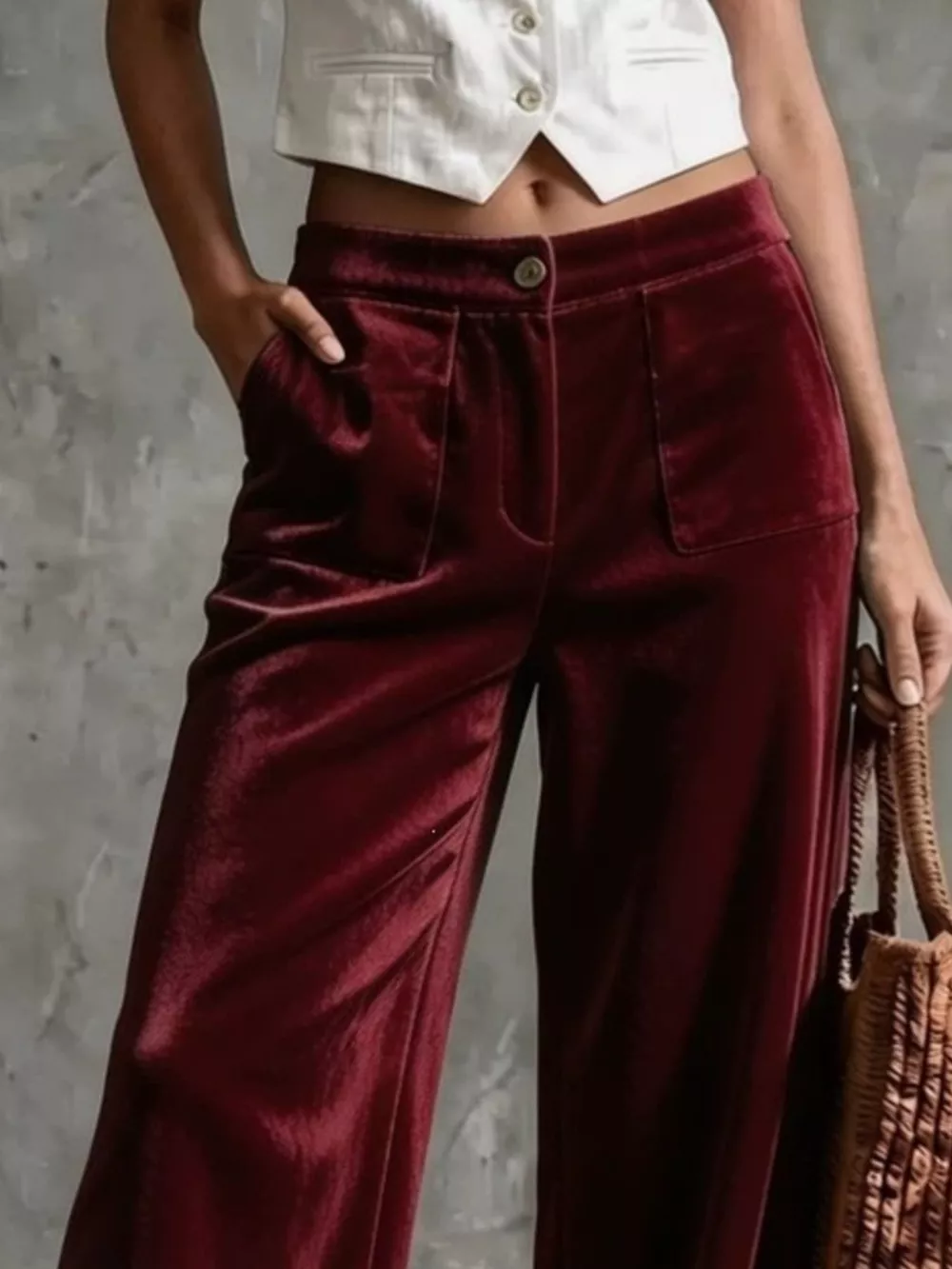 Full Size High-Waisted Wide-Leg Velvet Pants with Front Pockets Plus Size, image 9