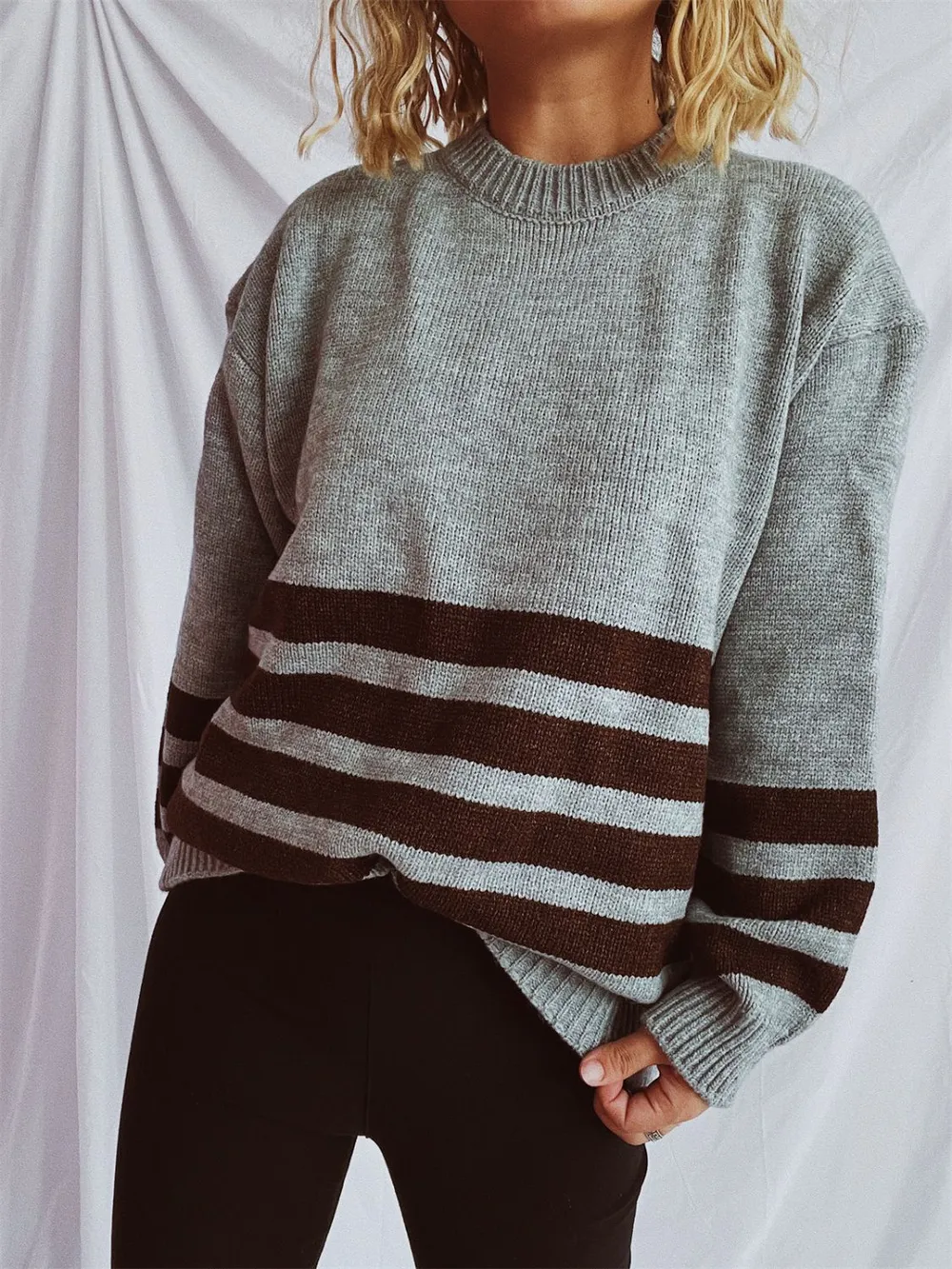 Striped Dropped Shoulder Long Sleeve Sweater, image 6