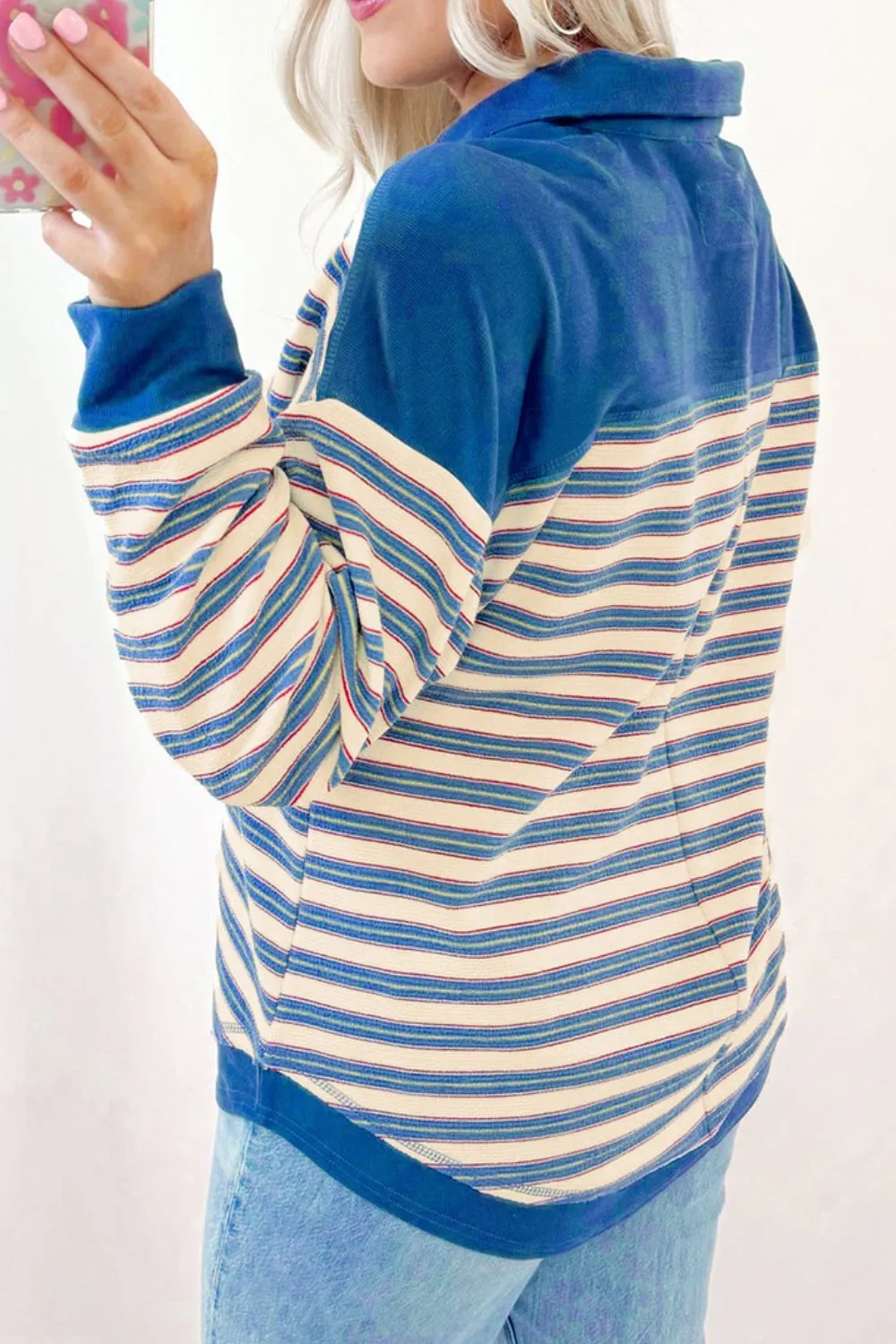 Striped Johnny Collar Long Sleeve Sweatshirt, image 11