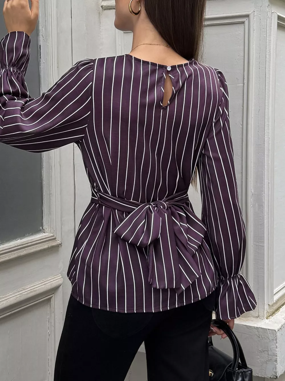 Striped Flounce Sleeves Blouse, image 5