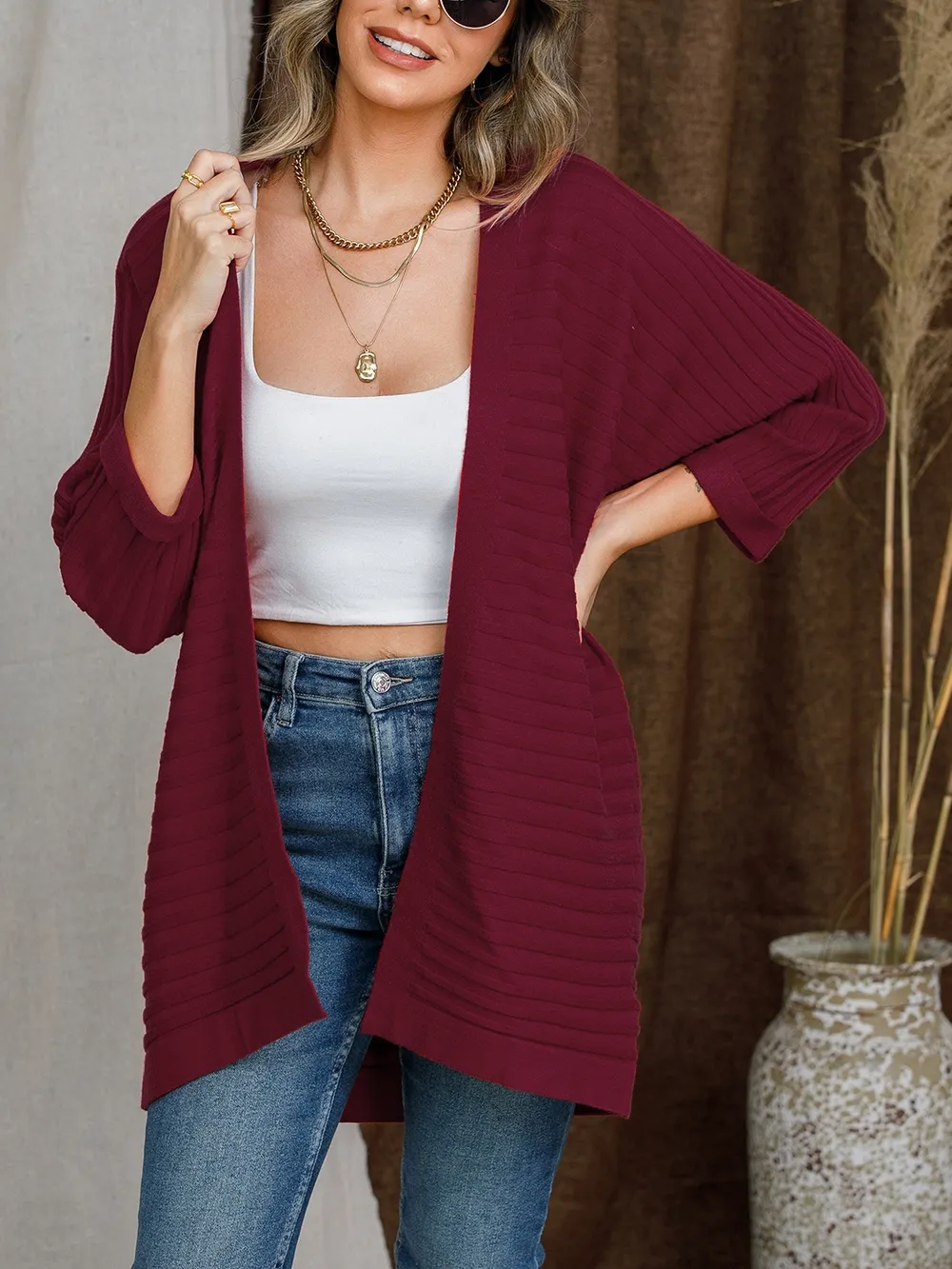 Striped Open Front Knit Cardigan, image 2