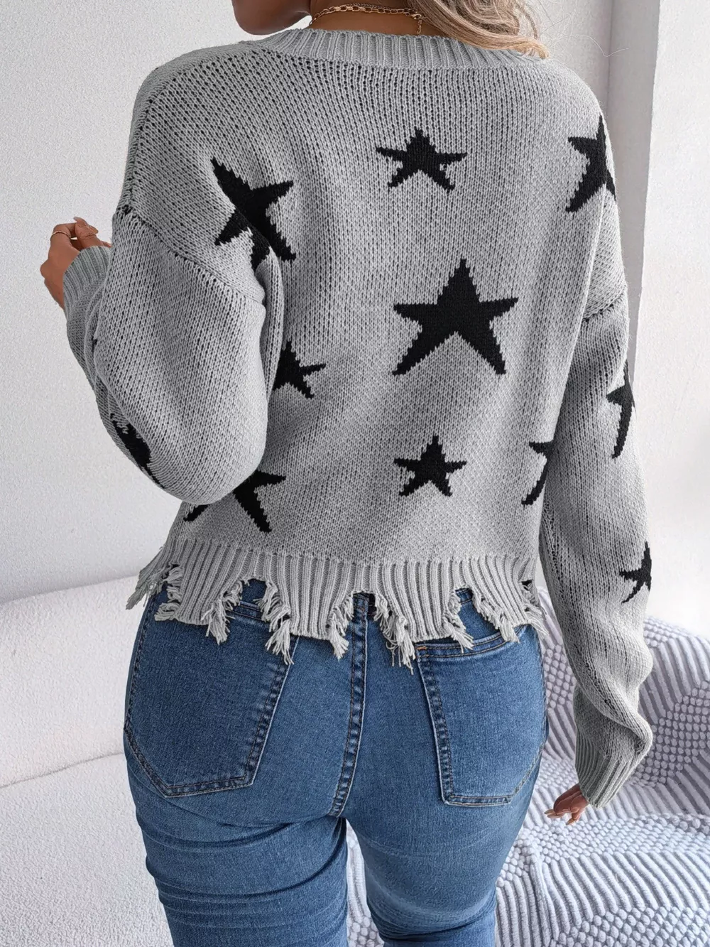 Star Pattern V-Neck Distressed Sweater, image 14