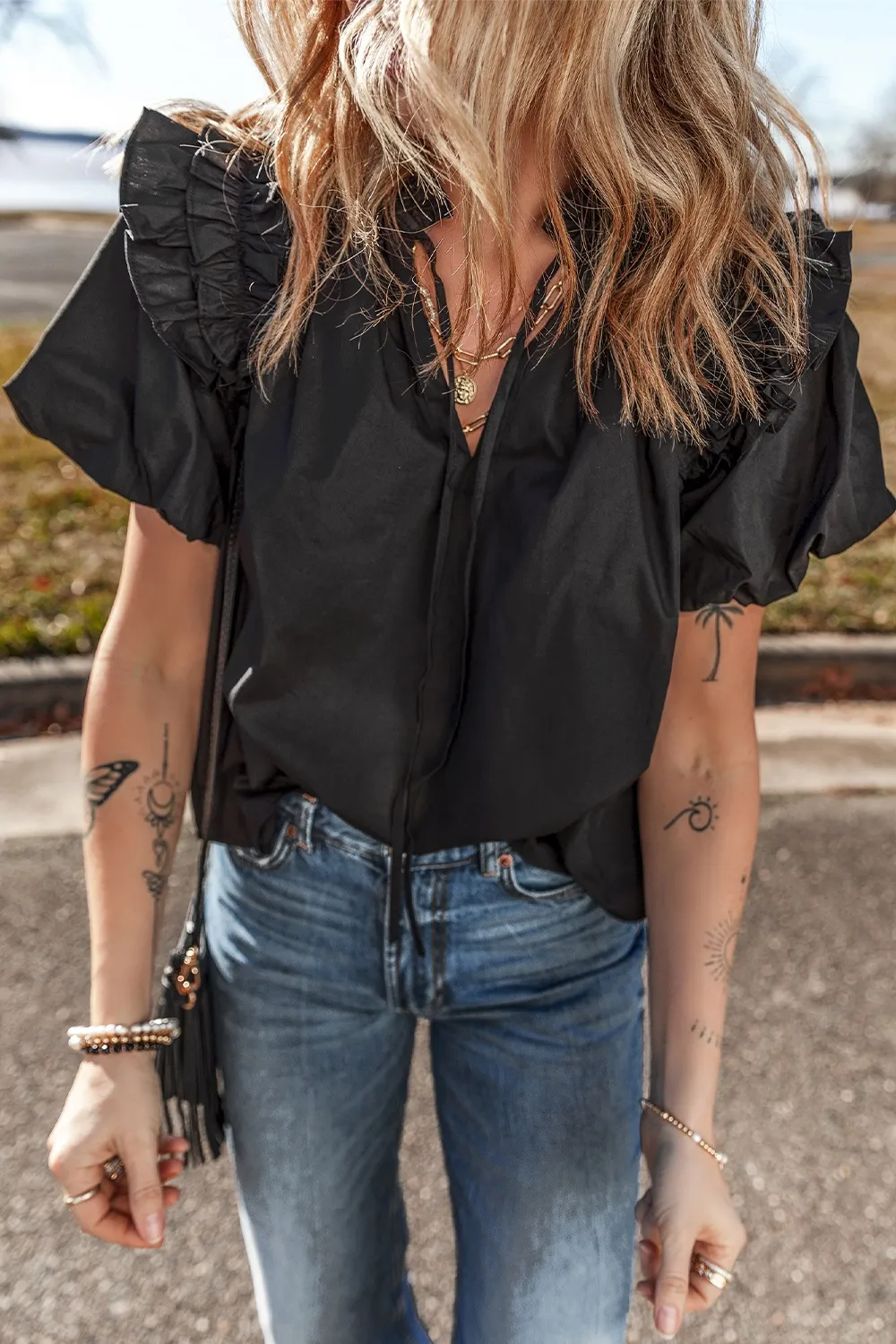 Ruffled Puff Short Sleeve Loose Blouse, image 7
