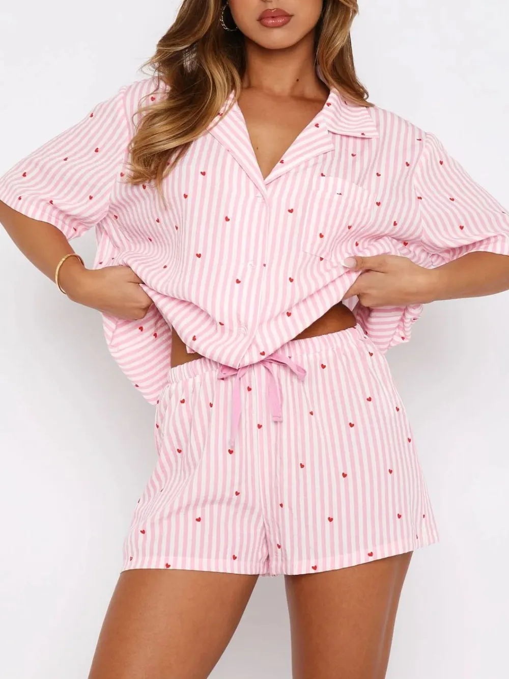 Valentine's Day Printed Collared Neck Short Sleeve Top and Shorts Set, image 10