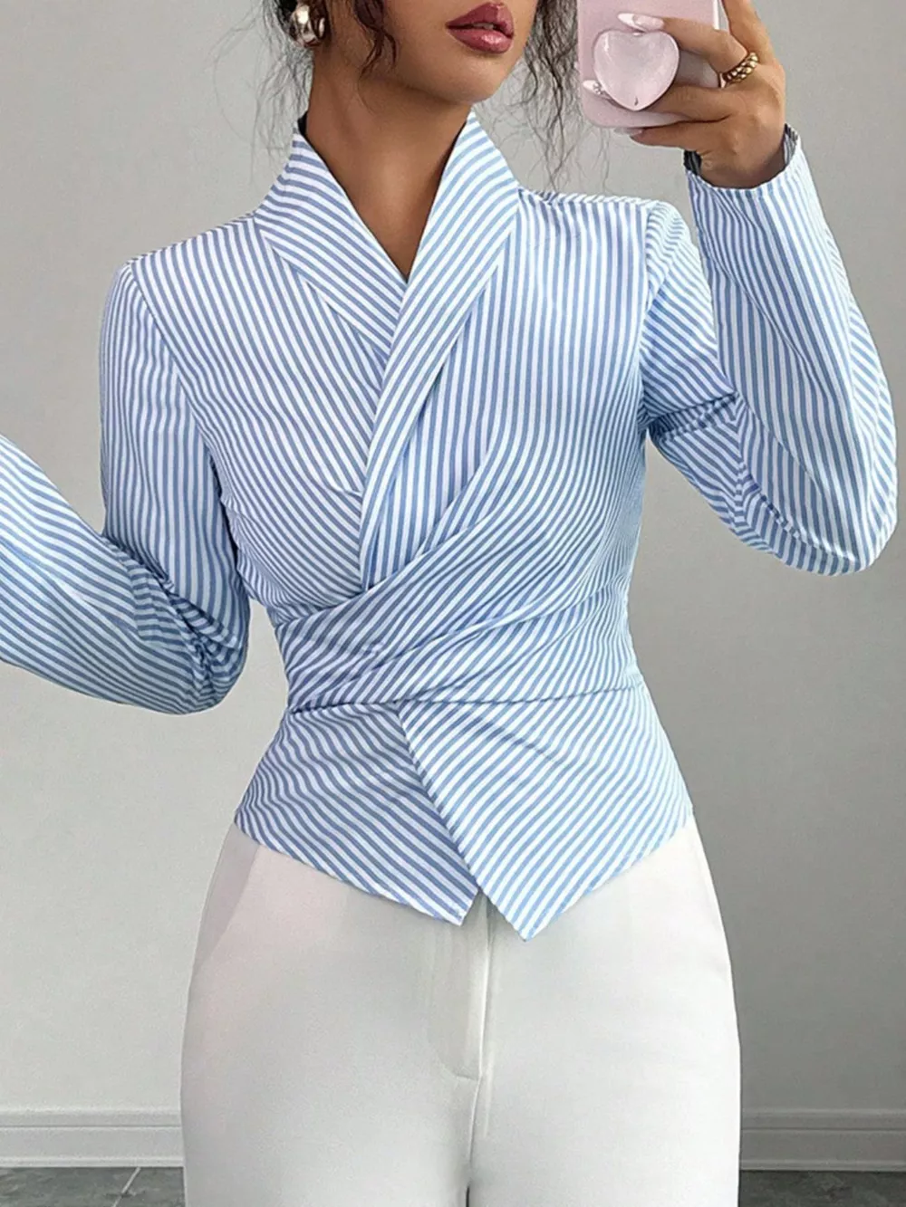Striped Long Sleeve Wrap Blouse, image 3