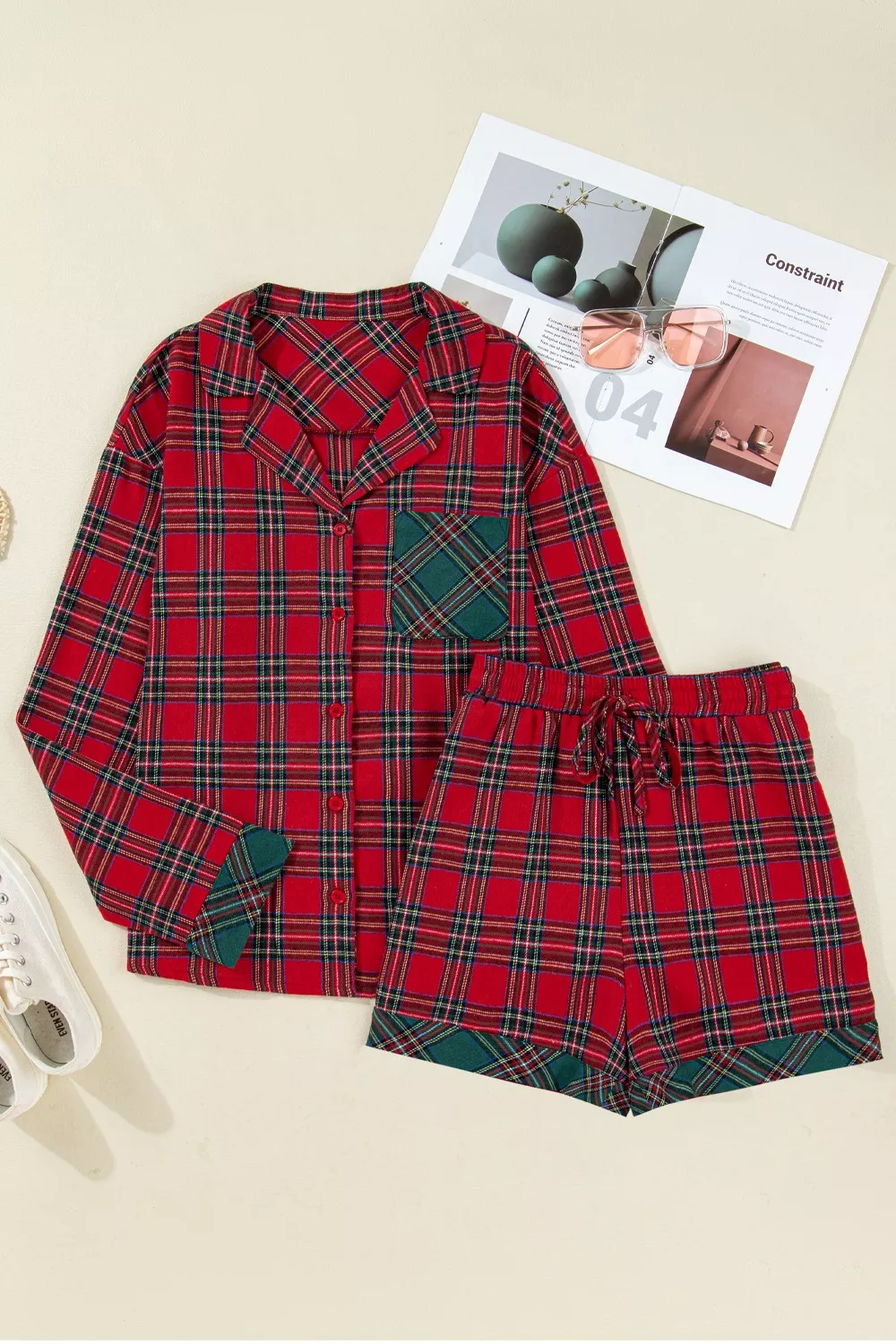 Plaid Contrast Patched Christmas Holiday Long Sleeve Shirt and Short 2pcs Pajama Set, image 4