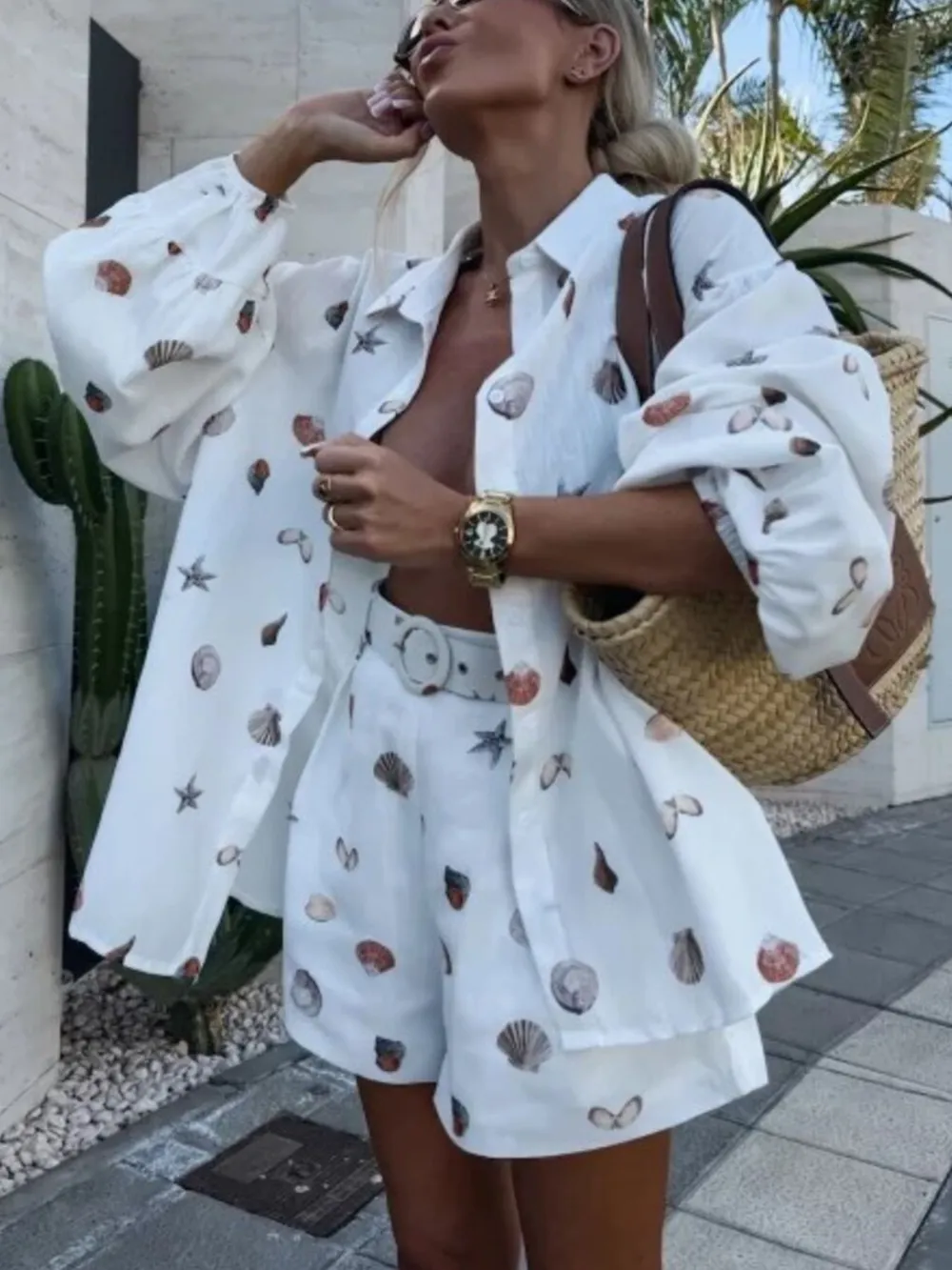 Shell Print Long Sleeve Shirt and Belt Shorts Set, image 5