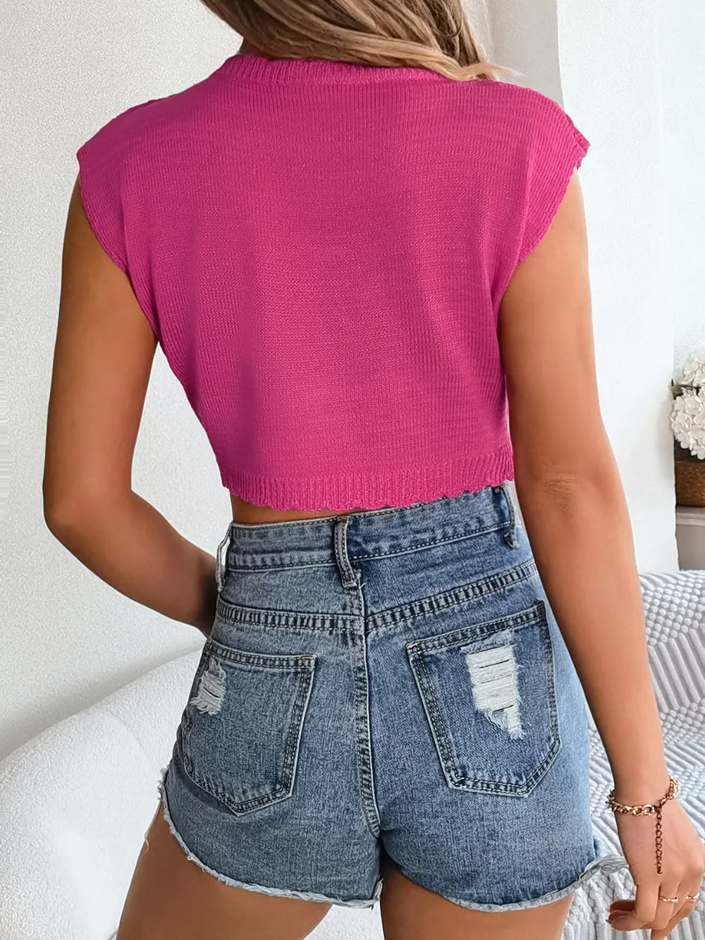 Openwork Round Neck Cap Sleeve Knit Top, image 8