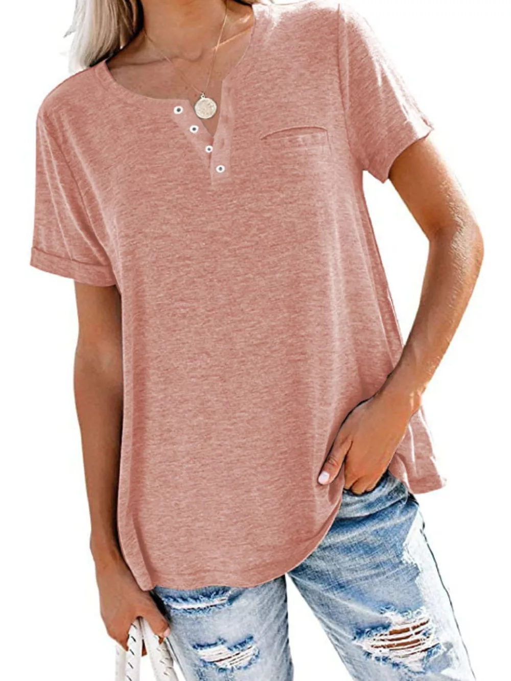 Full Size Casual Button-Front Pocket T-Shirt Plus Size, image 8